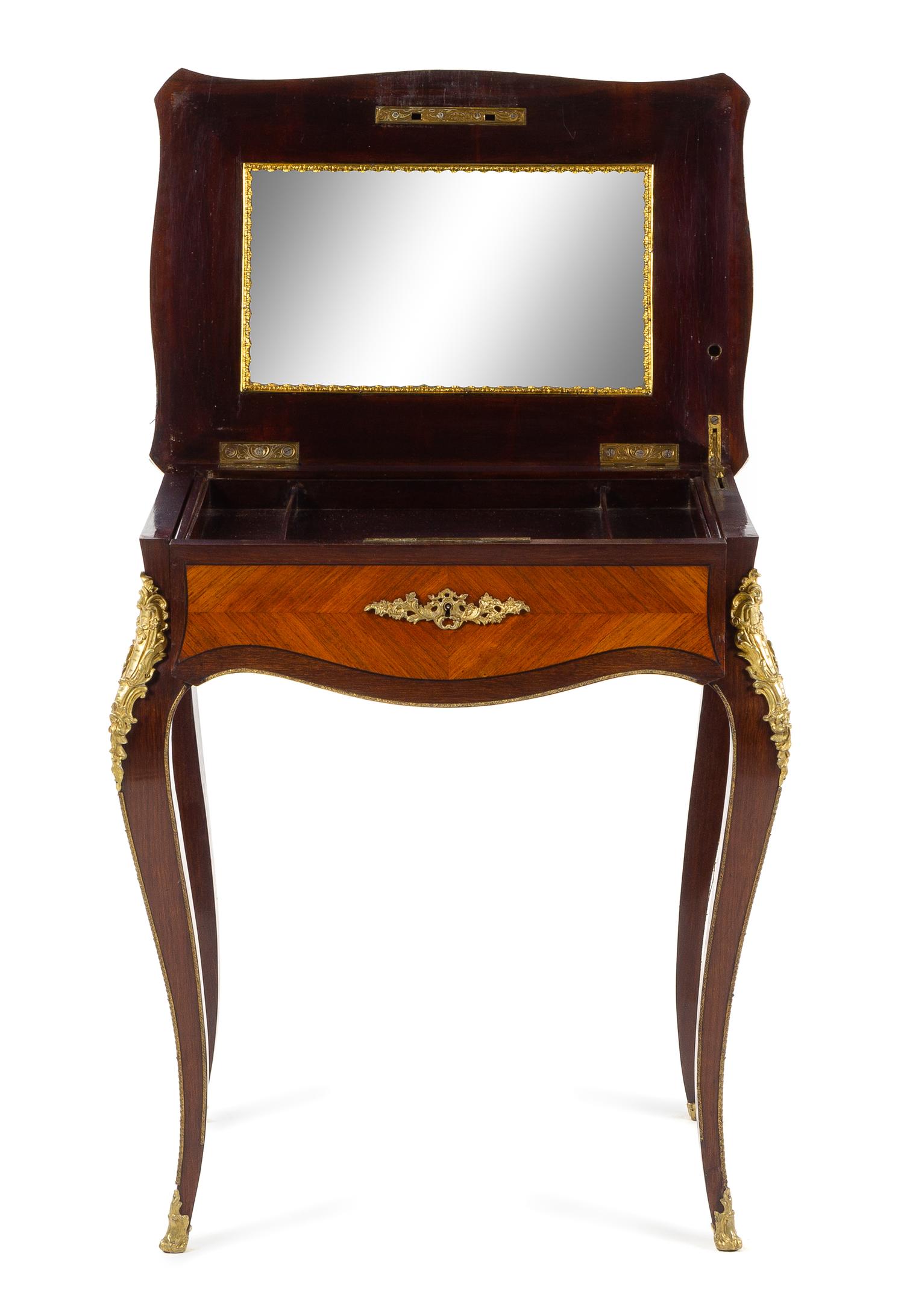 A Louis XV Style Gilt Bronze Mounted Kingwood and Parquetry Sewing Table Height 28 1/2 x width 24 1/2 x depth 17 inches. — EARLY 20TH CENTURY