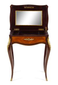 A Louis XV Style Gilt Bronze Mounted Kingwood and Parquetry Sewing Table Height 28 1/2 x width 24 1/2 x depth 17 inches. — EARLY 20TH CENTURY