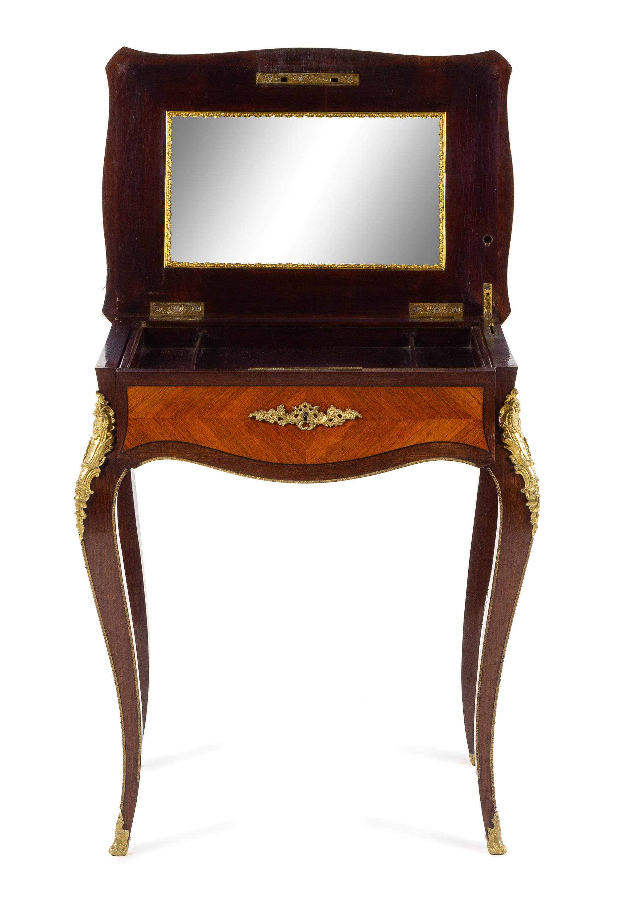 A Louis XV Style Gilt Bronze Mounted Kingwood and Parquetry Sewing Table Height 28 1/2 x width 24 1/2 x depth 17 inches. — EARLY 20TH CENTURY