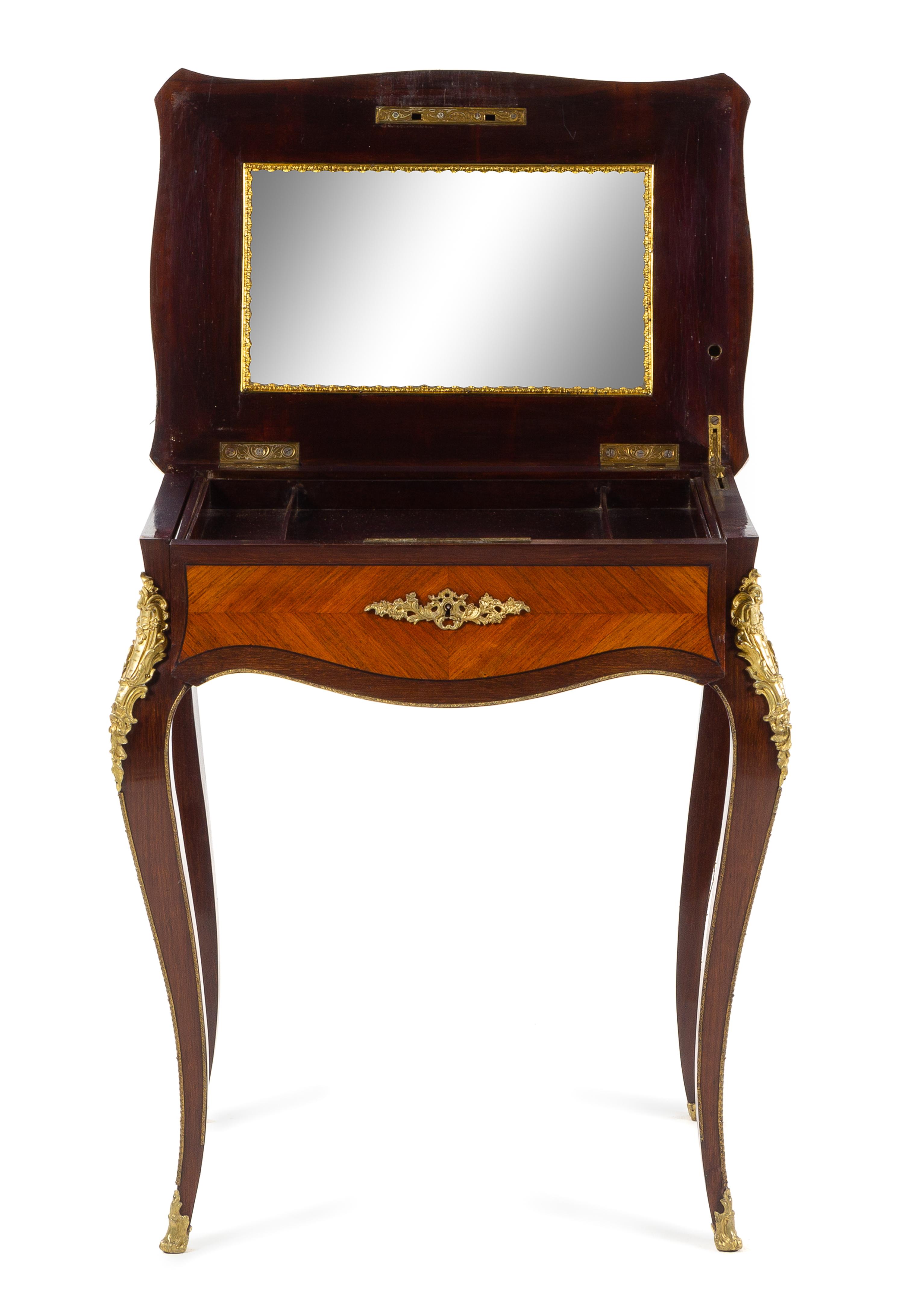 A Louis XV Style Gilt Bronze Mounted Kingwood and Parquetry Sewing Table Height 28 1/2 x width 24 1/2 x depth 17 inches. — EARLY 20TH CENTURY