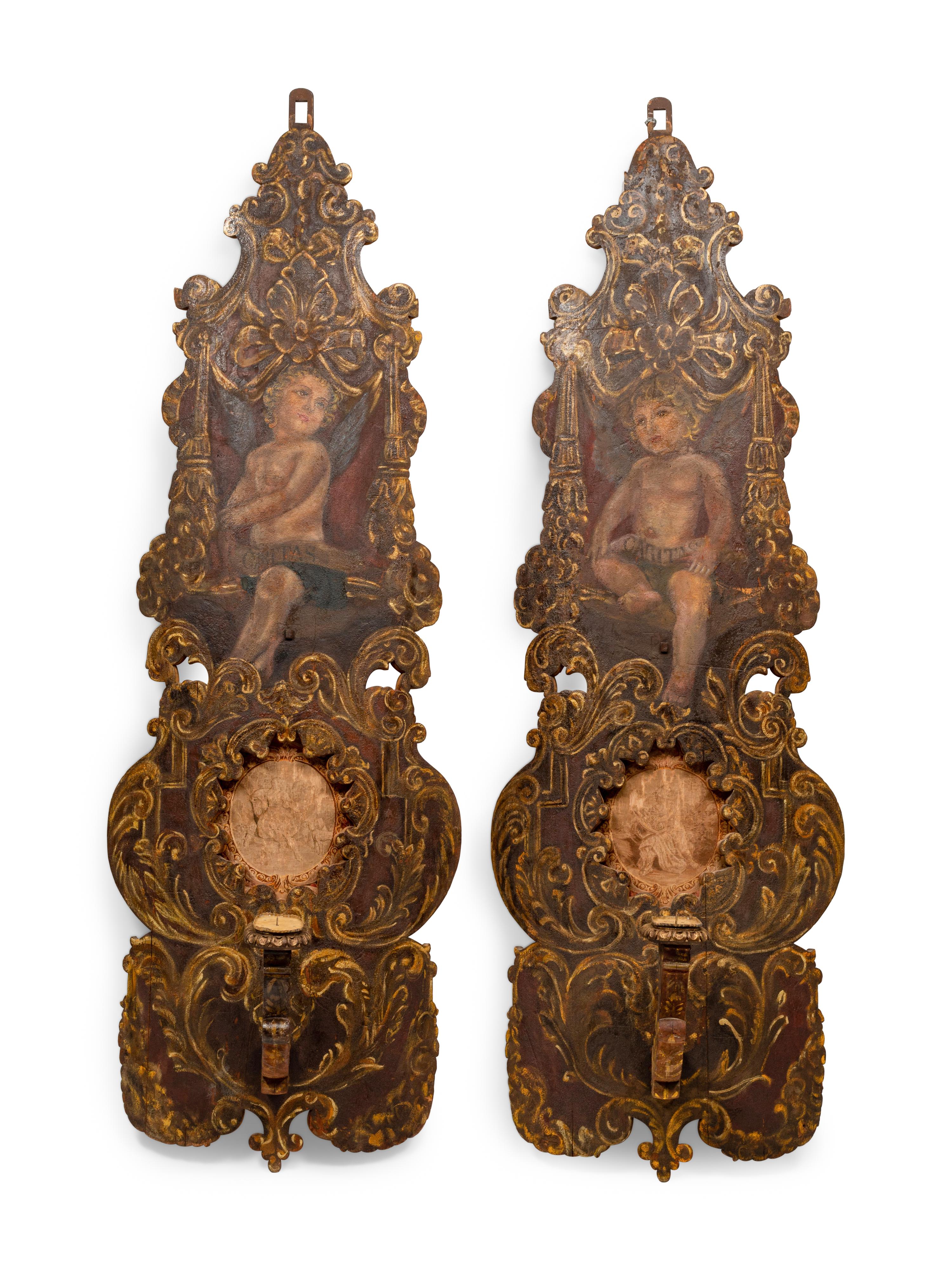 A Pair of Large Italian Tapestry-Inset Painted Wood Sconces