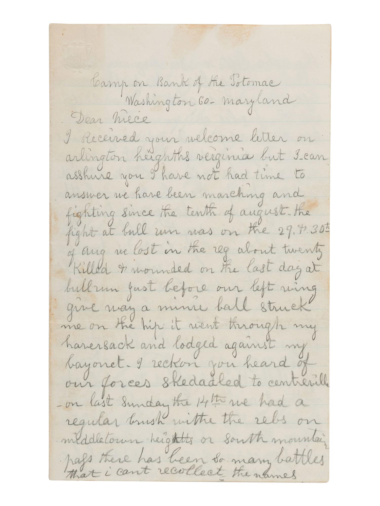 [CIVIL WAR]. Letter with graphic content describing the Battle of Antietam written by Samuel Clark, 5th Pennsylvania Reserves. Camp on Bank of the Potomac, Washington Co., MD, 21 September 1862.