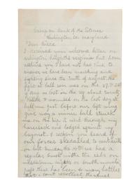 [CIVIL WAR]. Letter with graphic content describing the Battle of Antietam written by Samuel Clark, 5th Pennsylvania Reserves. Camp on Bank of the Potomac, Washington Co., MD, 21 September 1862.