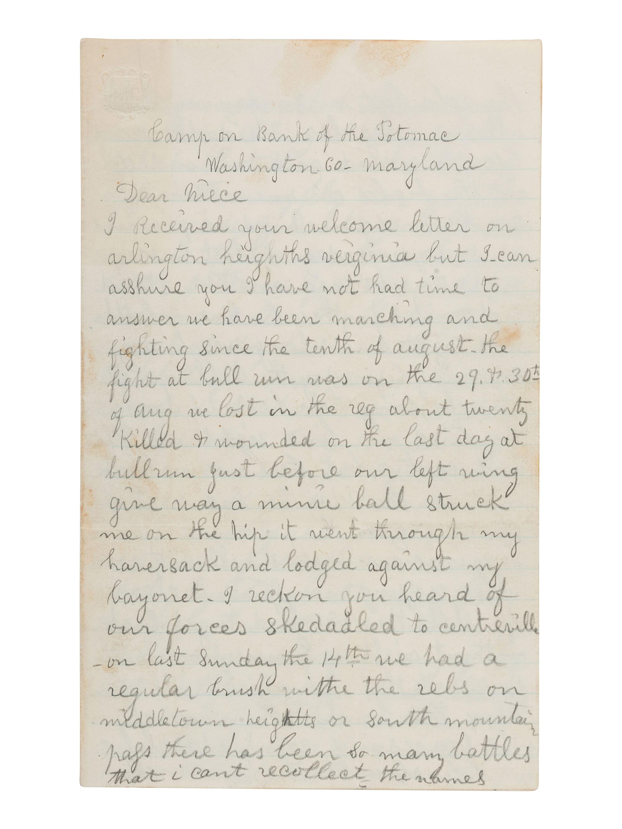 [CIVIL WAR]. Letter with graphic content describing the Battle of Antietam written by Samuel Clark, 5th Pennsylvania Reserves. Camp on Bank of the Potomac, Washington Co., MD, 21 September 1862.