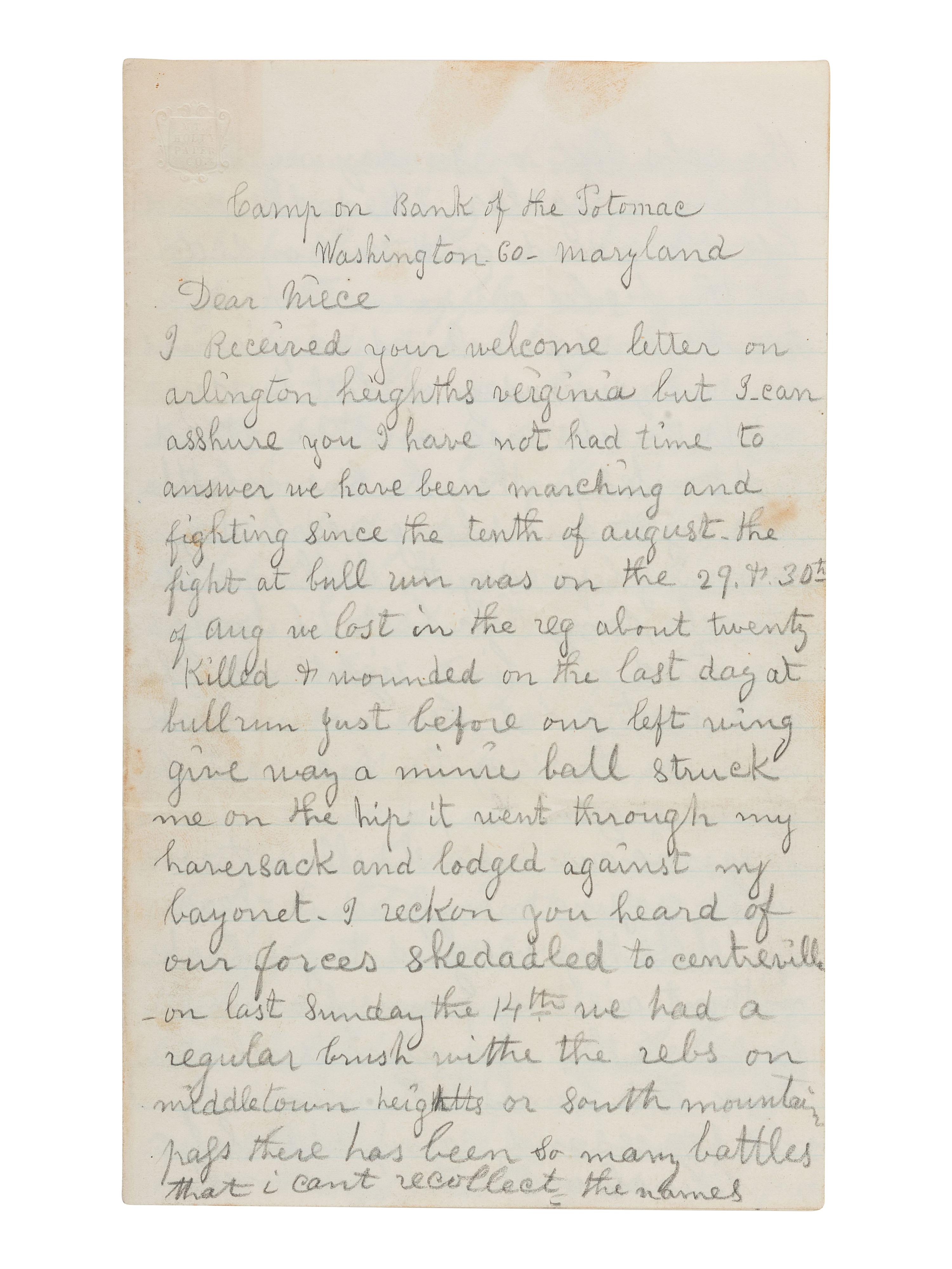 [CIVIL WAR]. Letter with graphic content describing the Battle of Antietam written by Samuel Clark, 5th Pennsylvania Reserves. Camp on Bank of the Potomac, Washington Co., MD, 21 September 1862.