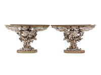 A Pair of George III Style Painted and Parcel Gilt Pier Tables with Faux Marble Tops