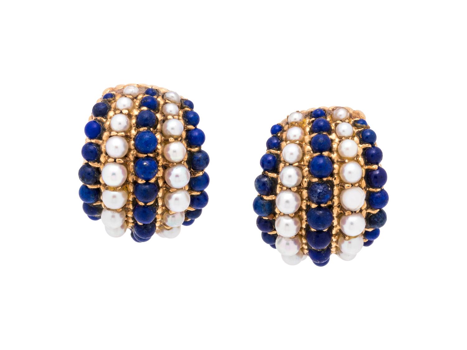 VAN CLEEF & ARPELS, LAPIS LAZULI AND CULTURED PEARL EARCLIPS
