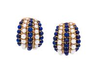 VAN CLEEF & ARPELS, LAPIS LAZULI AND CULTURED PEARL EARCLIPS