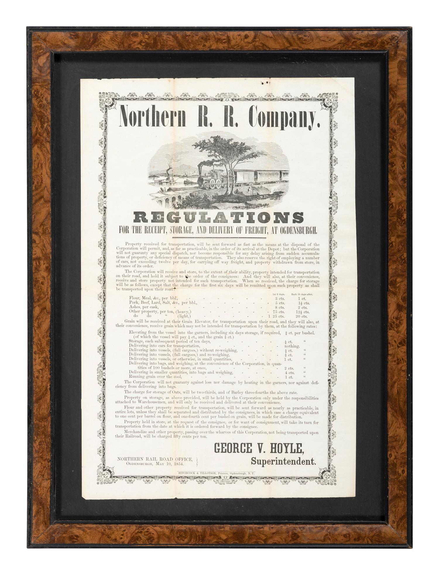 [TRANSPORTATION]. Northern R.R. Company Regulations For the Receipt, Storage, and Delivery of Freight, at Ogdensburgh . Ogdensburgh, NY: Hitchcock & Tillotson, 10 May 1854.