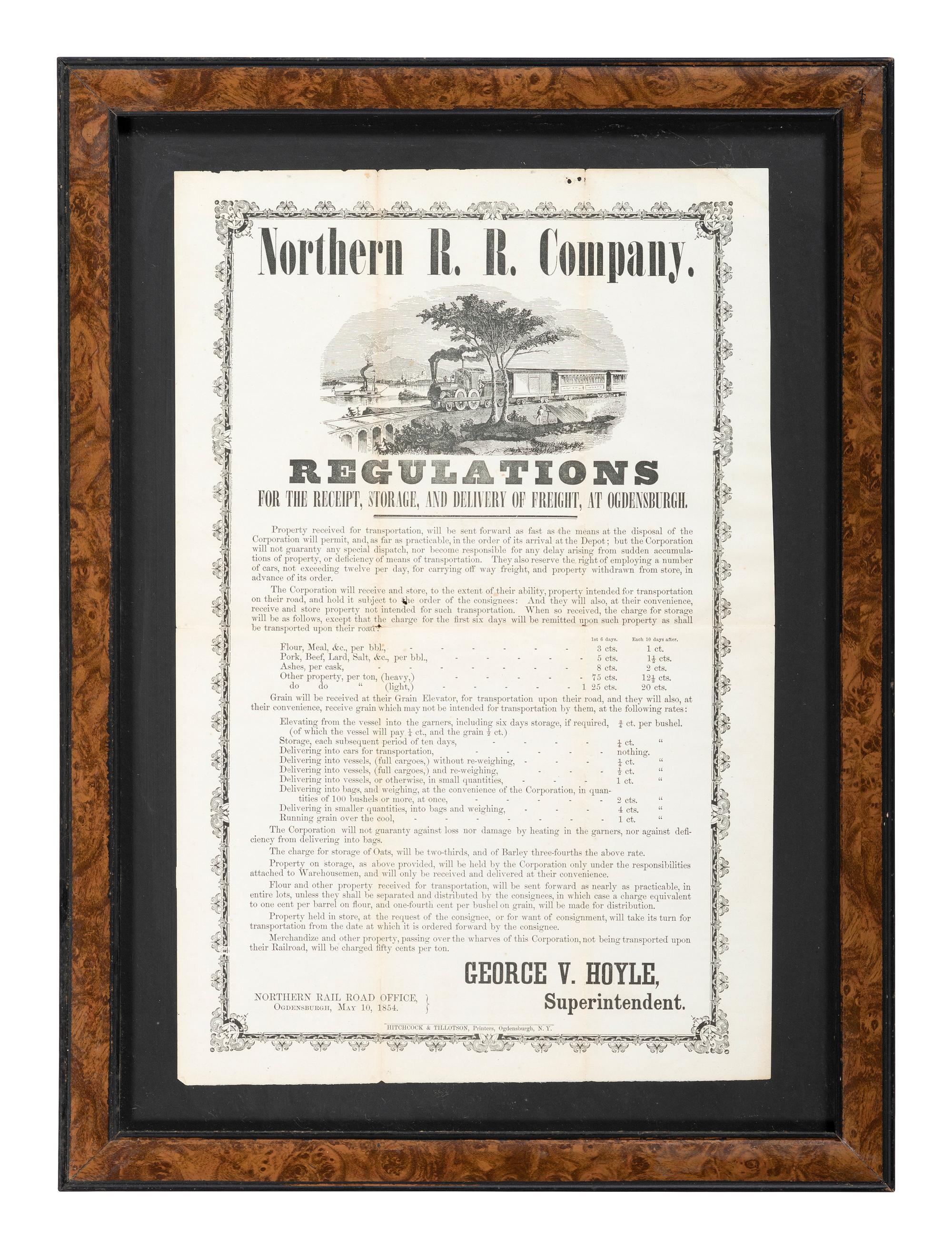 [TRANSPORTATION]. Northern R.R. Company Regulations For the Receipt, Storage, and Delivery of Freight, at Ogdensburgh . Ogdensburgh, NY: Hitchcock & Tillotson, 10 May 1854.