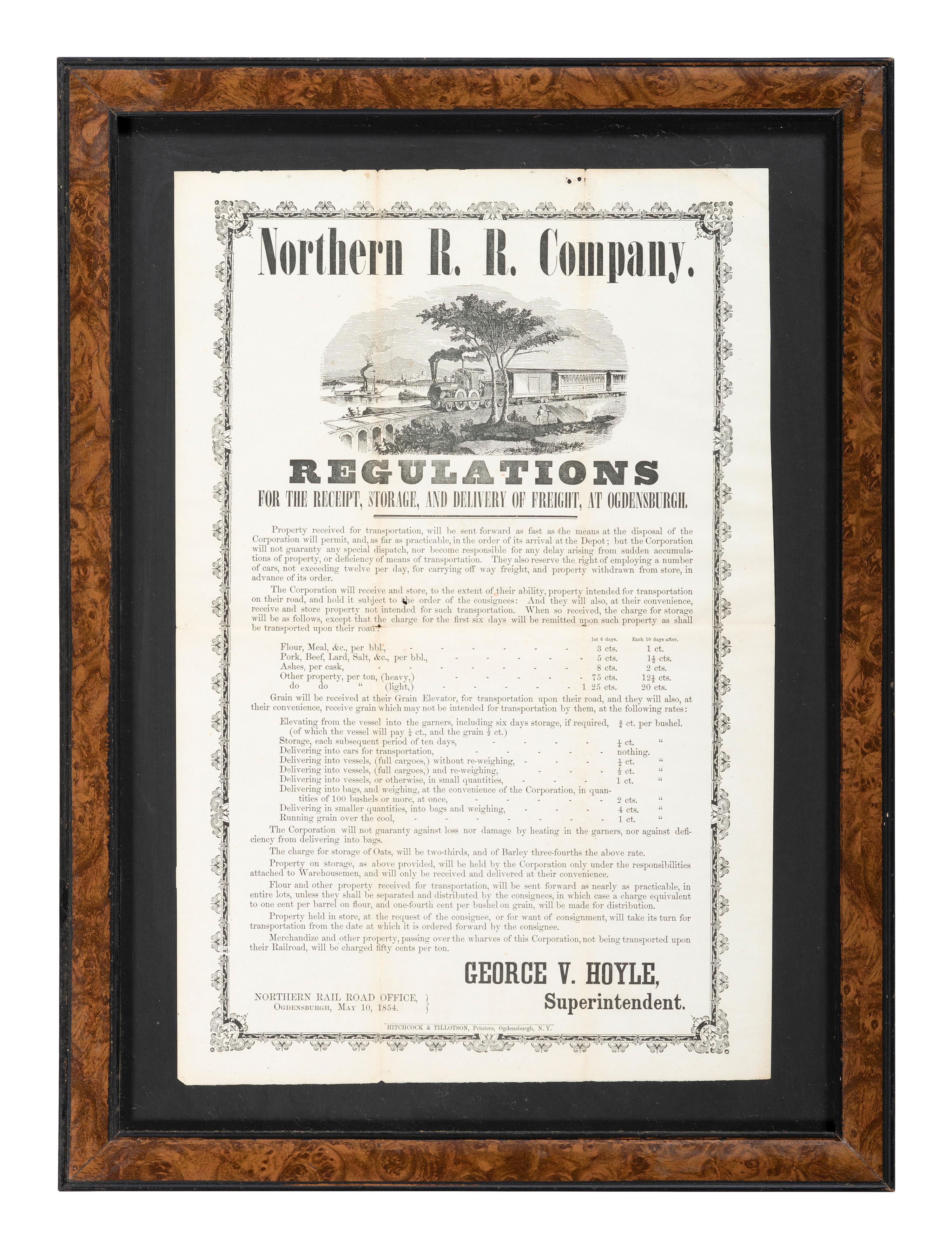 [TRANSPORTATION]. Northern R.R. Company Regulations For the Receipt, Storage, and Delivery of Freight, at Ogdensburgh . Ogdensburgh, NY: Hitchcock & Tillotson, 10 May 1854.