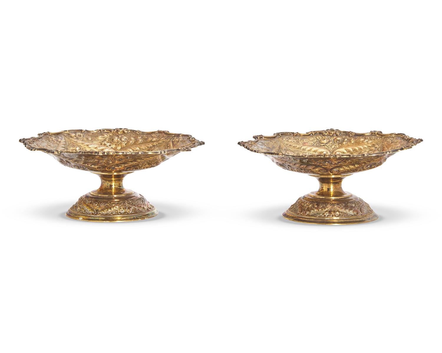 A Pair Of Gilt Sterling Silver Floral Repousse Tazzas