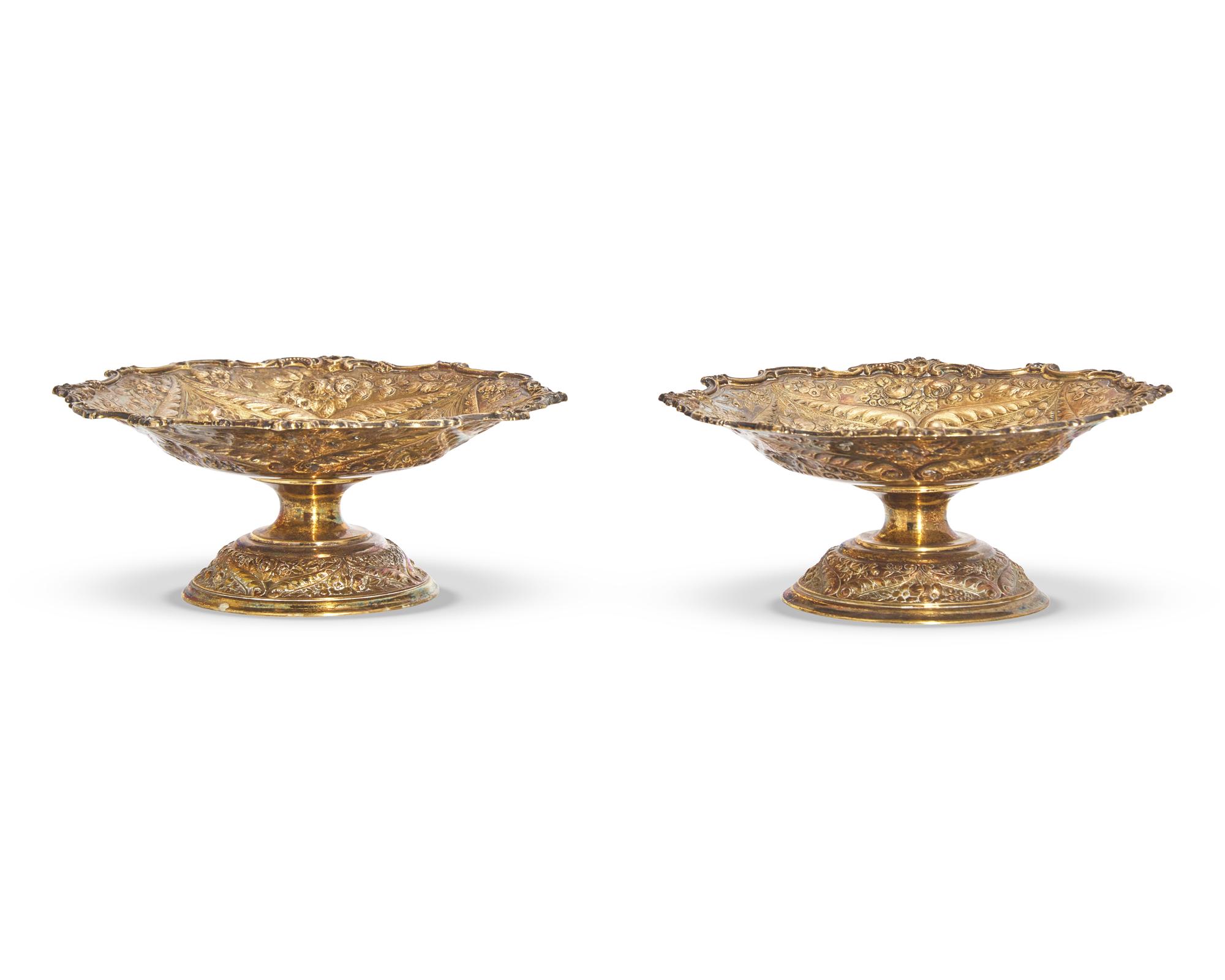 A Pair Of Gilt Sterling Silver Floral Repousse Tazzas