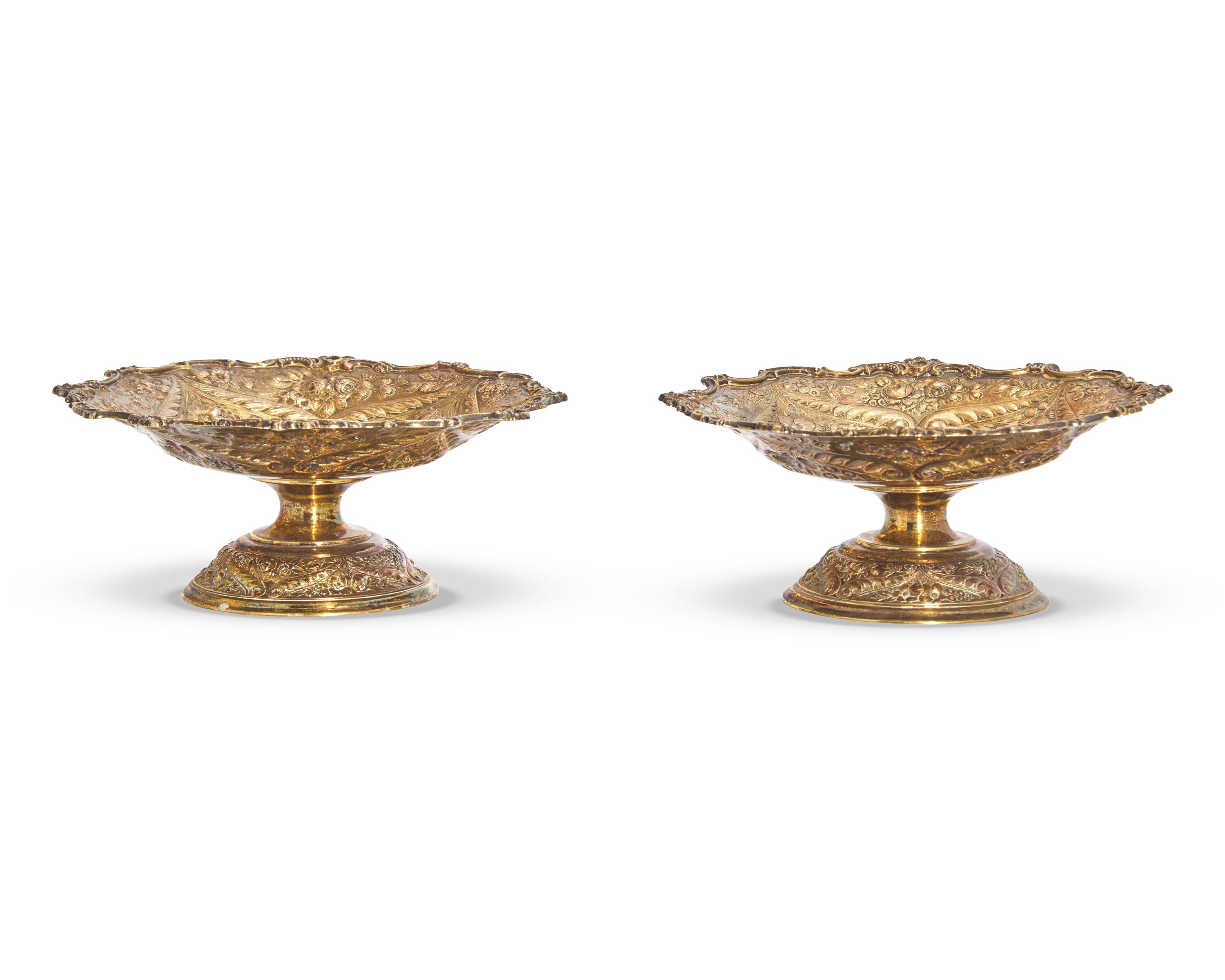 A Pair Of Gilt Sterling Silver Floral Repousse Tazzas