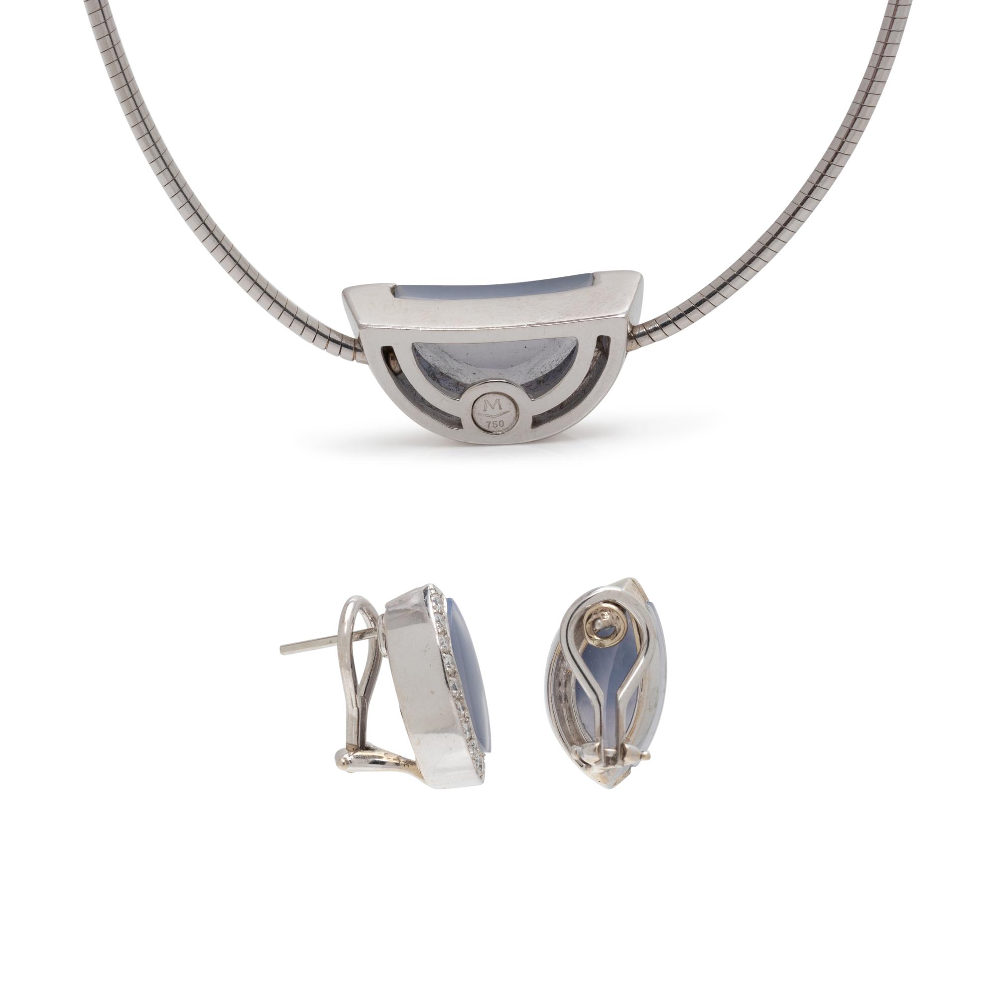 MOVADO, WHITE GOLD, BLUE CHALCEDONY AND DIAMOND SET