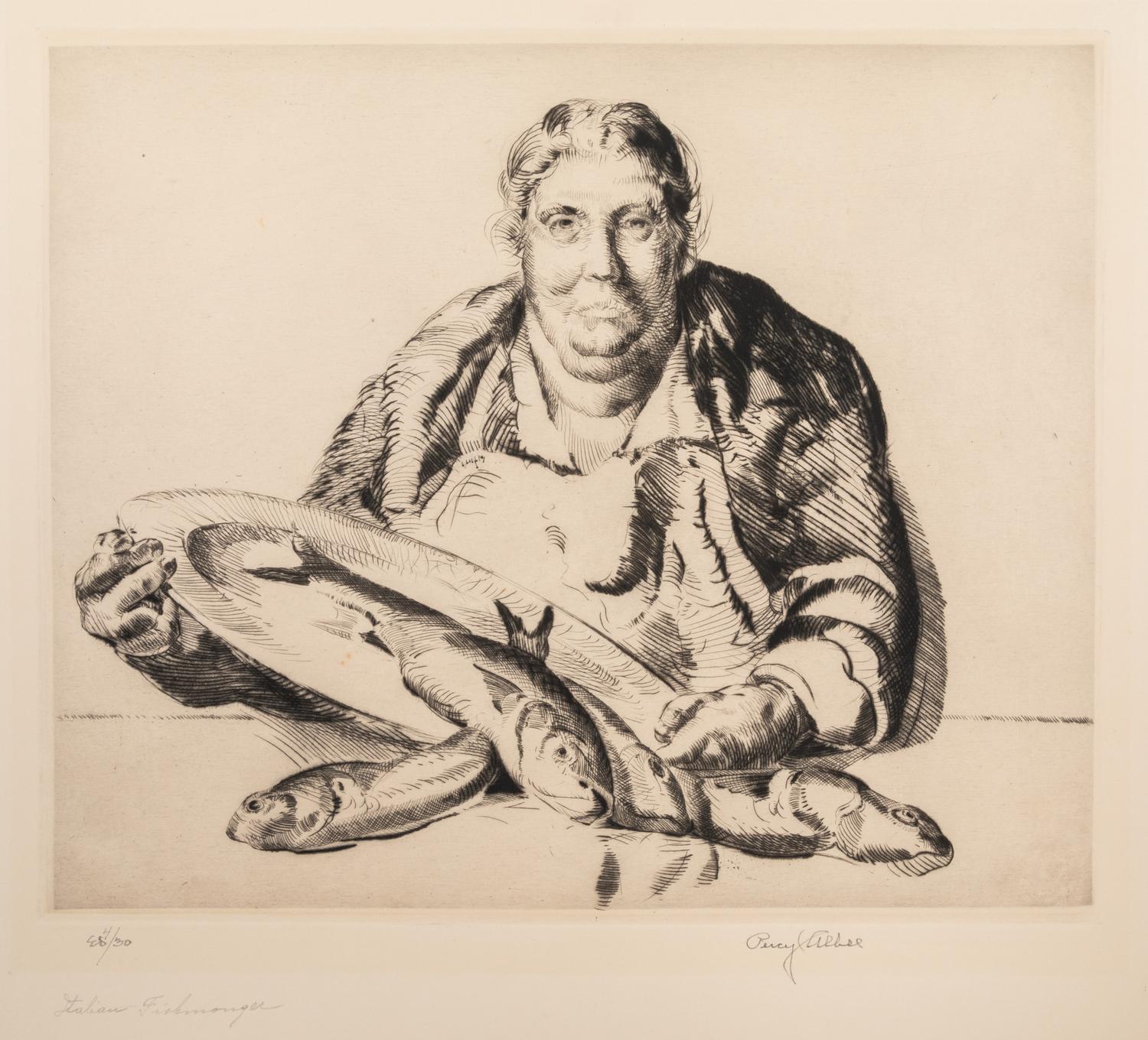 Percy F. Albee, (American, 1883-1959), A group of five works: Italian Fishwife, Italian Fishwife, Street Musicians, Idlers, and Poor Mo