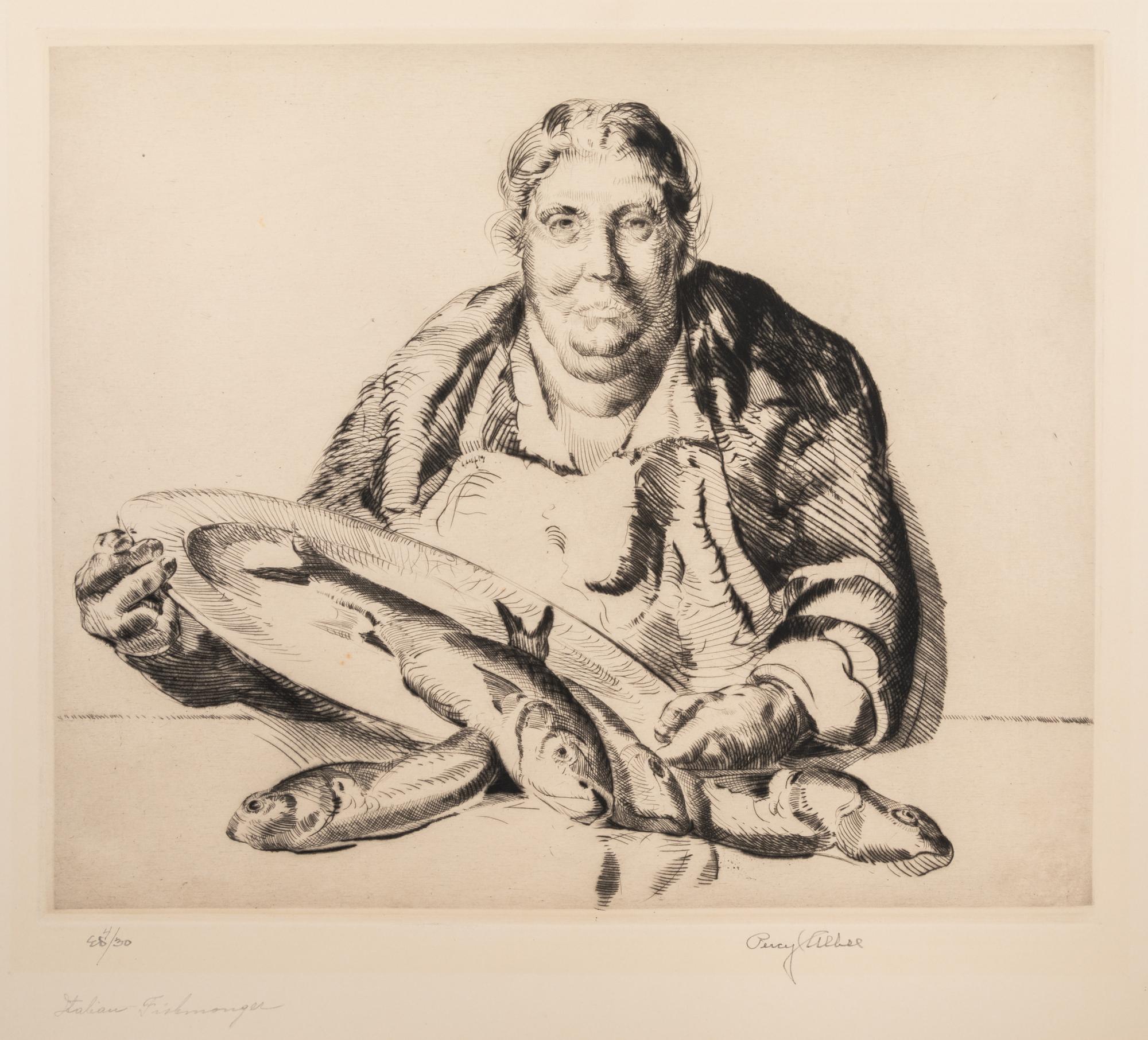 Percy F. Albee, (American, 1883-1959), A group of five works: Italian Fishwife, Italian Fishwife, Street Musicians, Idlers, and Poor Mo