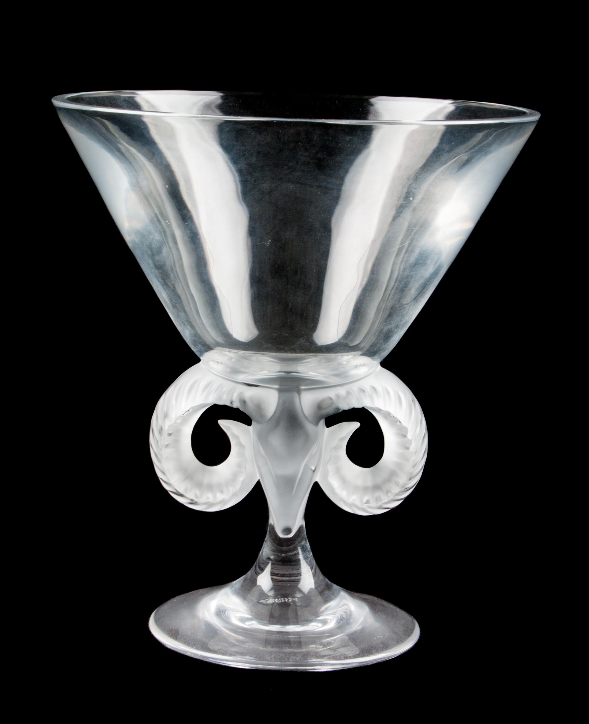 A Lalique Molded and Frosted Glass Compote Height 8 5/8 inches.