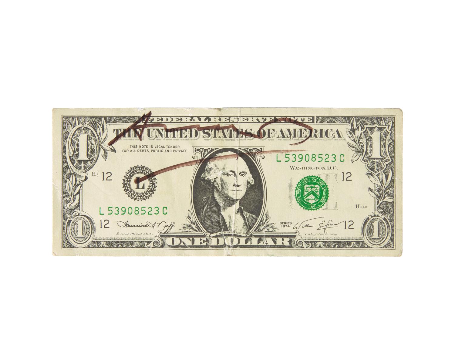 [Art] Warhol, Andy. Signed Miniature Facsimile One Dollar Bill