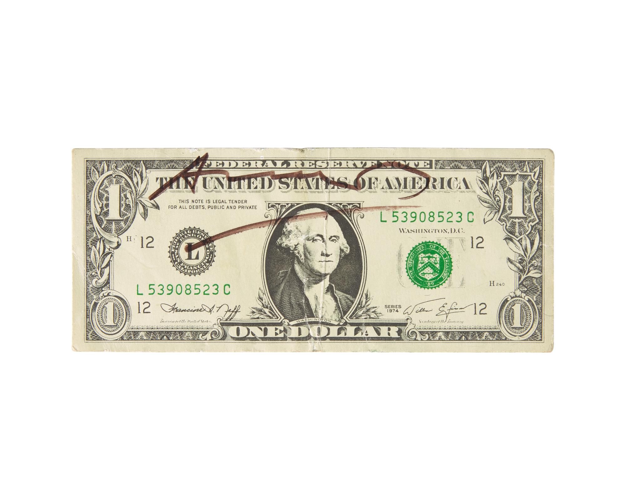 [Art] Warhol, Andy. Signed Miniature Facsimile One Dollar Bill
