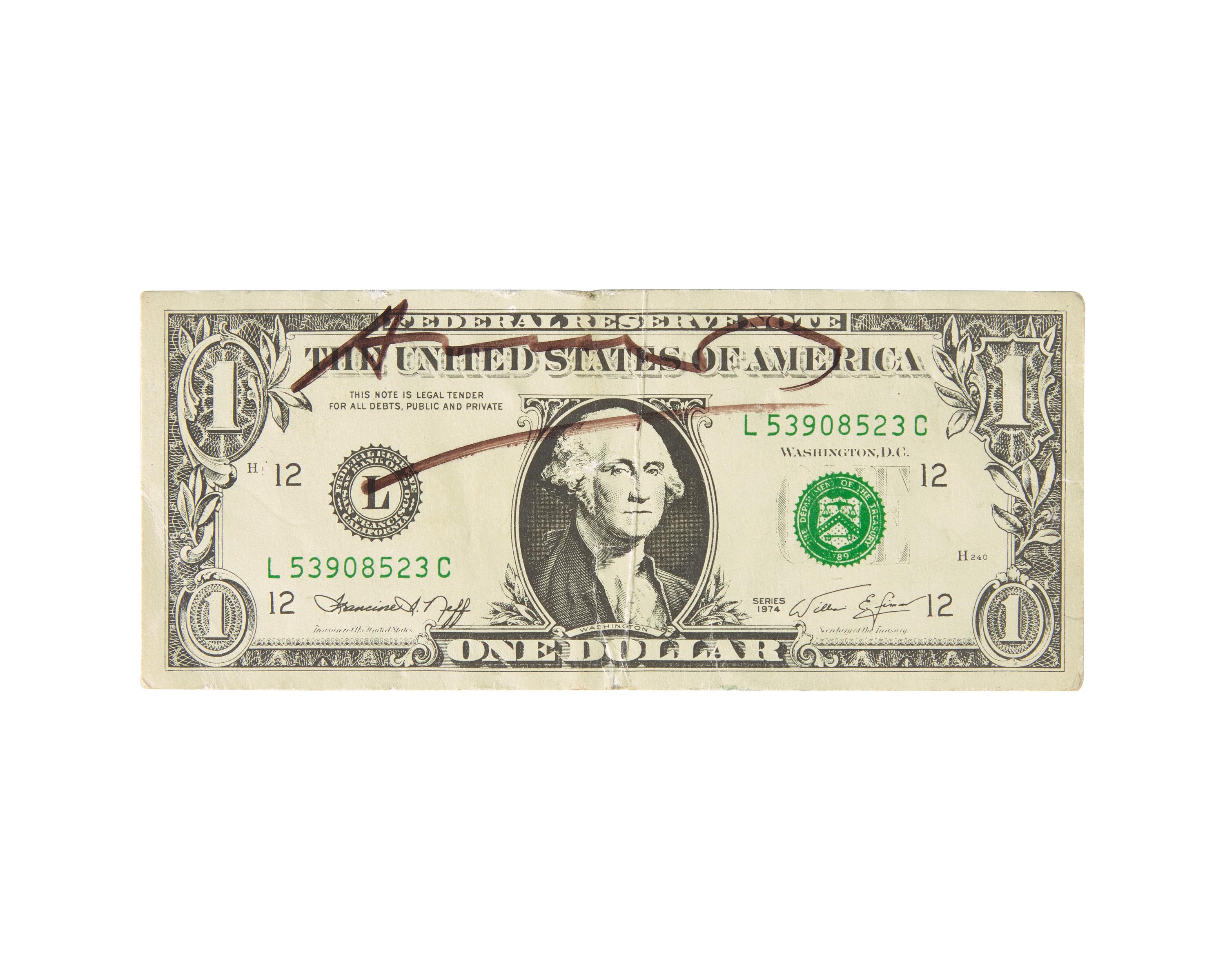 [Art] Warhol, Andy. Signed Miniature Facsimile One Dollar Bill