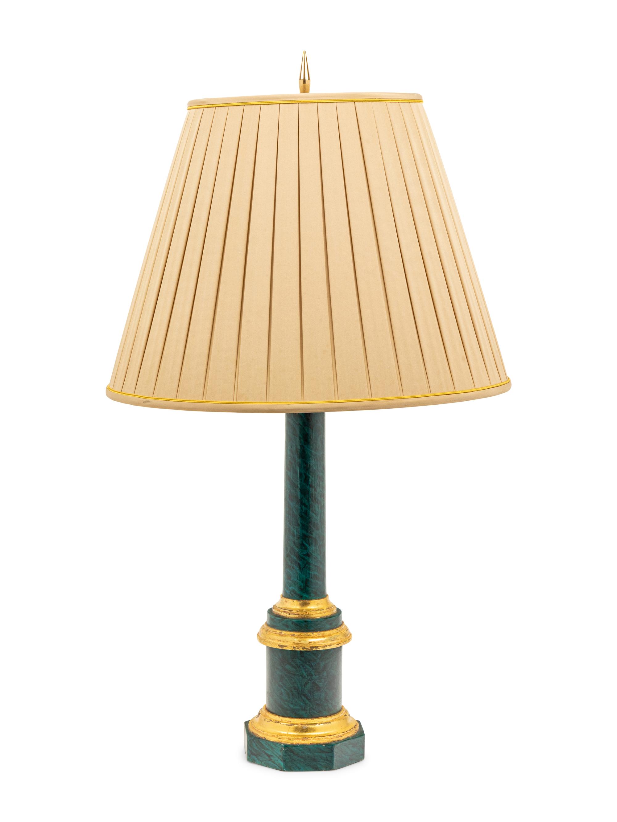 A Parcel Gilt Faux Malachite Lamp with a Silk Shade