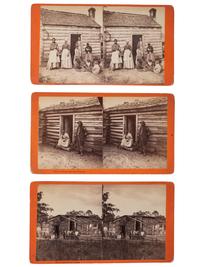 [EARLY PHOTOGRAPHY]. PALMER, J.A. (1825-1896), photographer. A group of 3 stereoviews of African Americans posed outside cabins. Aiken, SC: ca 1870s-1880s.