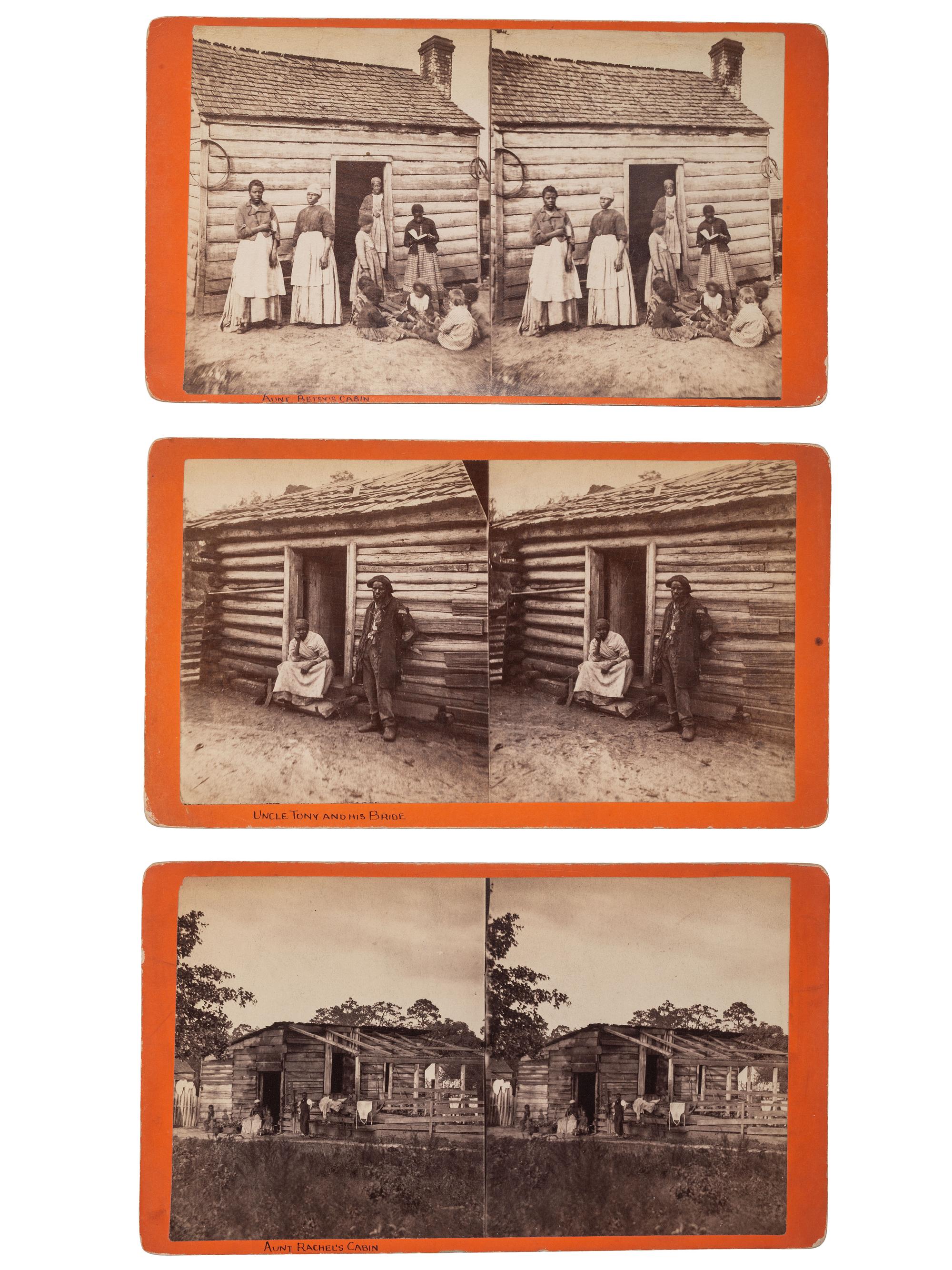 [EARLY PHOTOGRAPHY]. PALMER, J.A. (1825-1896), photographer. A group of 3 stereoviews of African Americans posed outside cabins. Aiken, SC: ca 1870s-1880s.