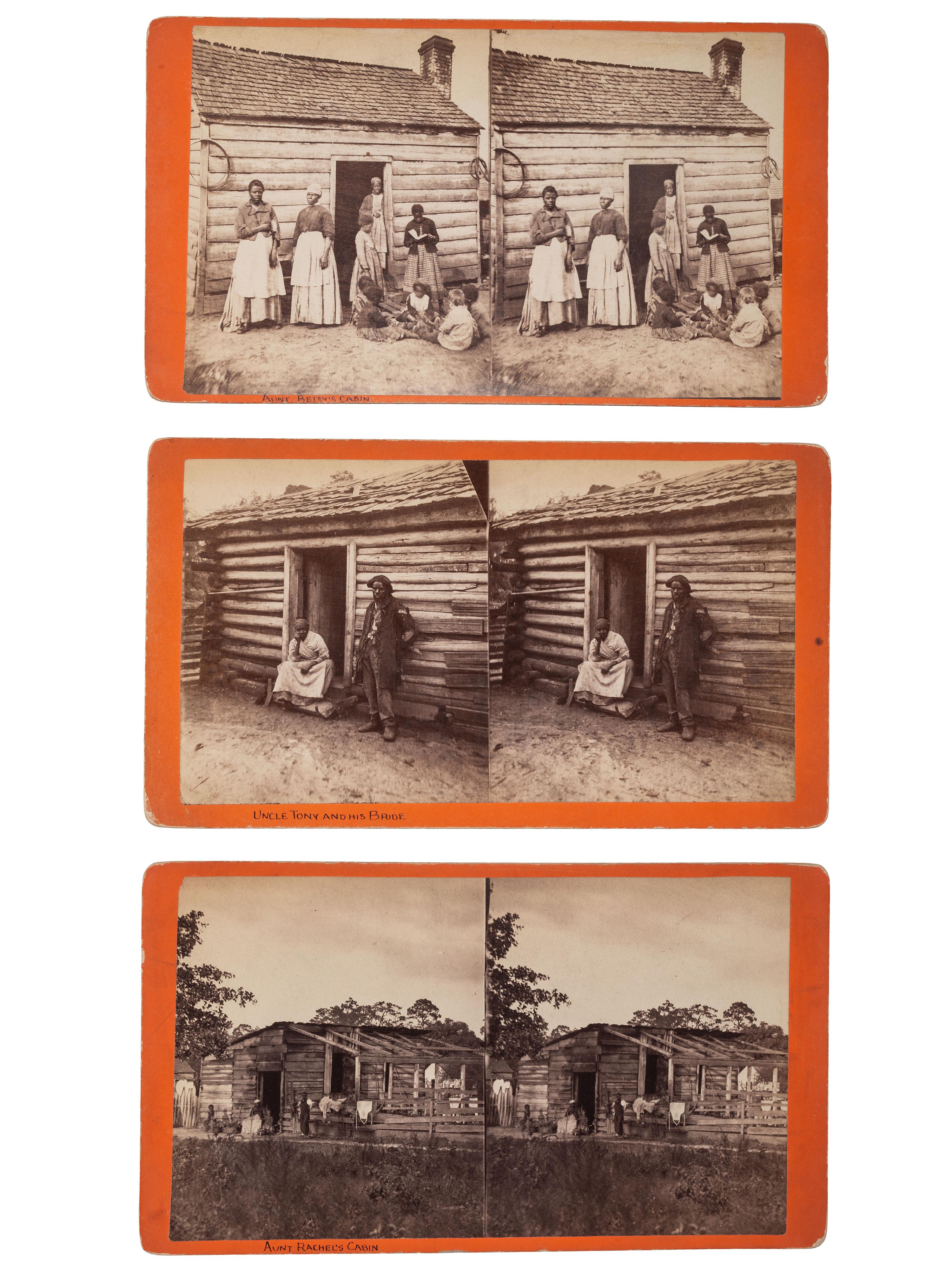 [EARLY PHOTOGRAPHY]. PALMER, J.A. (1825-1896), photographer. A group of 3 stereoviews of African Americans posed outside cabins. Aiken, SC: ca 1870s-1880s.