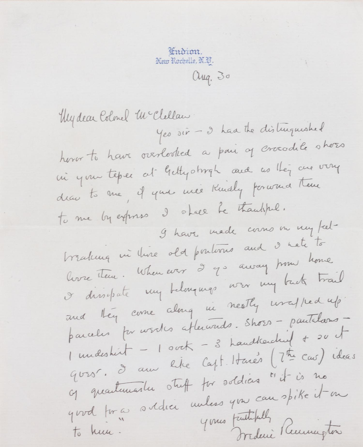Composition of Three Works: Theodore Davis (American, 1908-1995) Portrait of Frederic Remington ink on paper 6 x 5 inches together with Frederic Remington (American, 1861-1909) Letter to Colonel McClellan, 1984 and Letter to Julie and Ralph, 1980