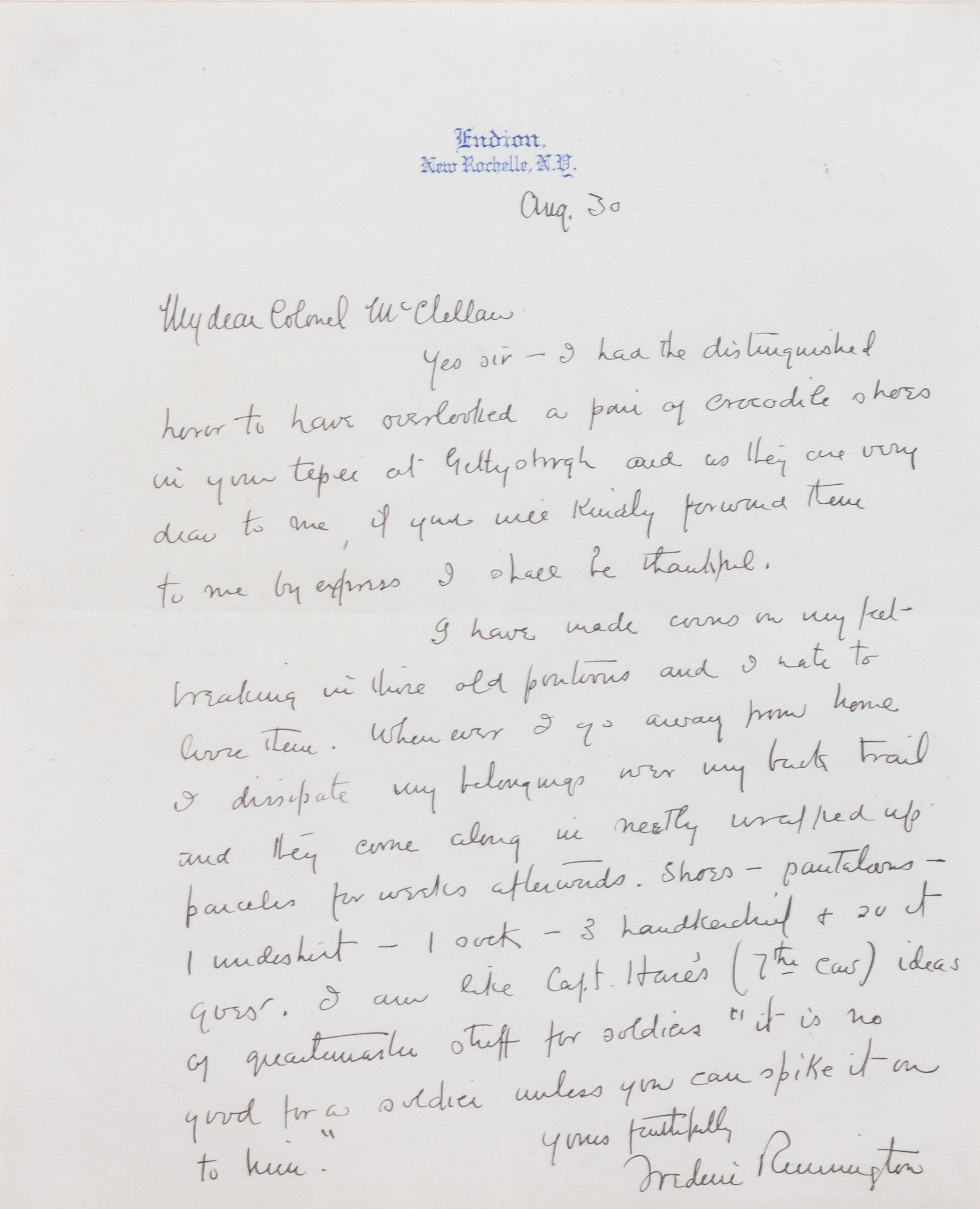 Composition of Three Works: Theodore Davis (American, 1908-1995) Portrait of Frederic Remington ink on paper 6 x 5 inches together with Frederic Remington (American, 1861-1909) Letter to Colonel McClellan, 1984 and Letter to Julie and Ralph, 1980