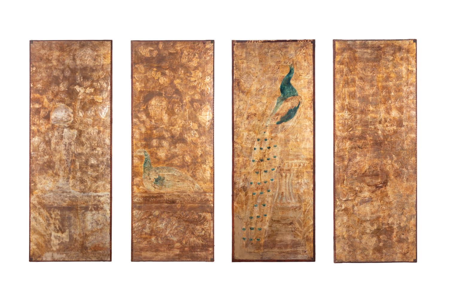 A Silver and Gilt Decorated Leather Four-Panel Screen