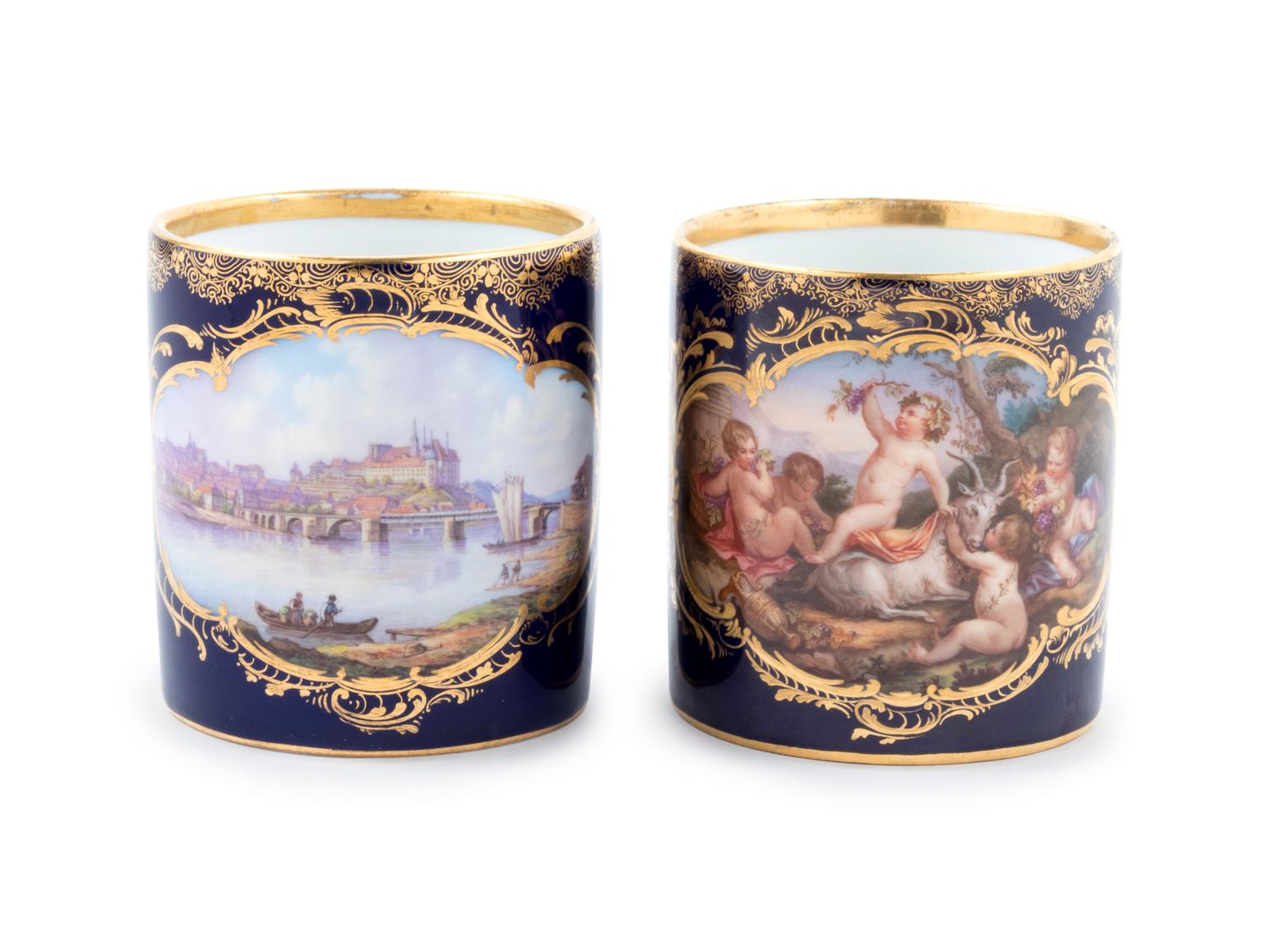 Two Meissen Painted and Parcel Gilt Porcelain Coffee Canns