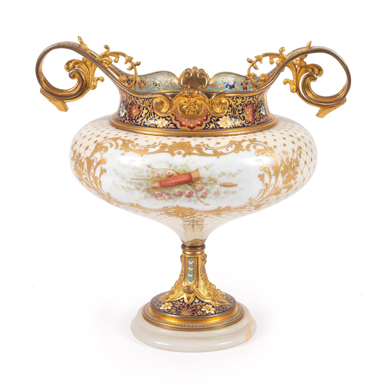 A French Porcelain and Champlevé Enamel Urn