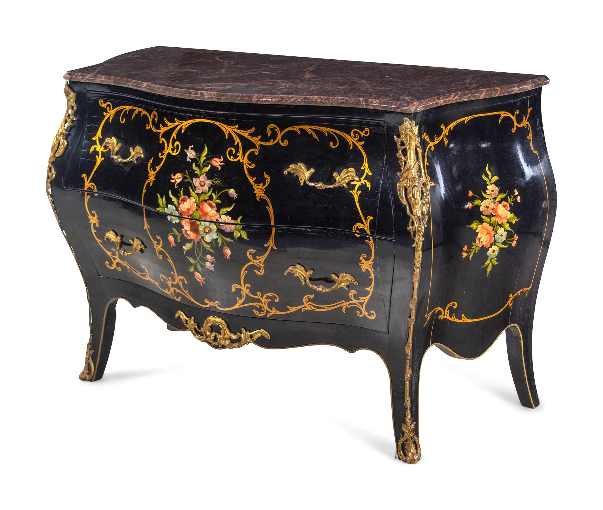 A Louis XV Style Gilt Metal Mounted Painted Marble-Top Commode