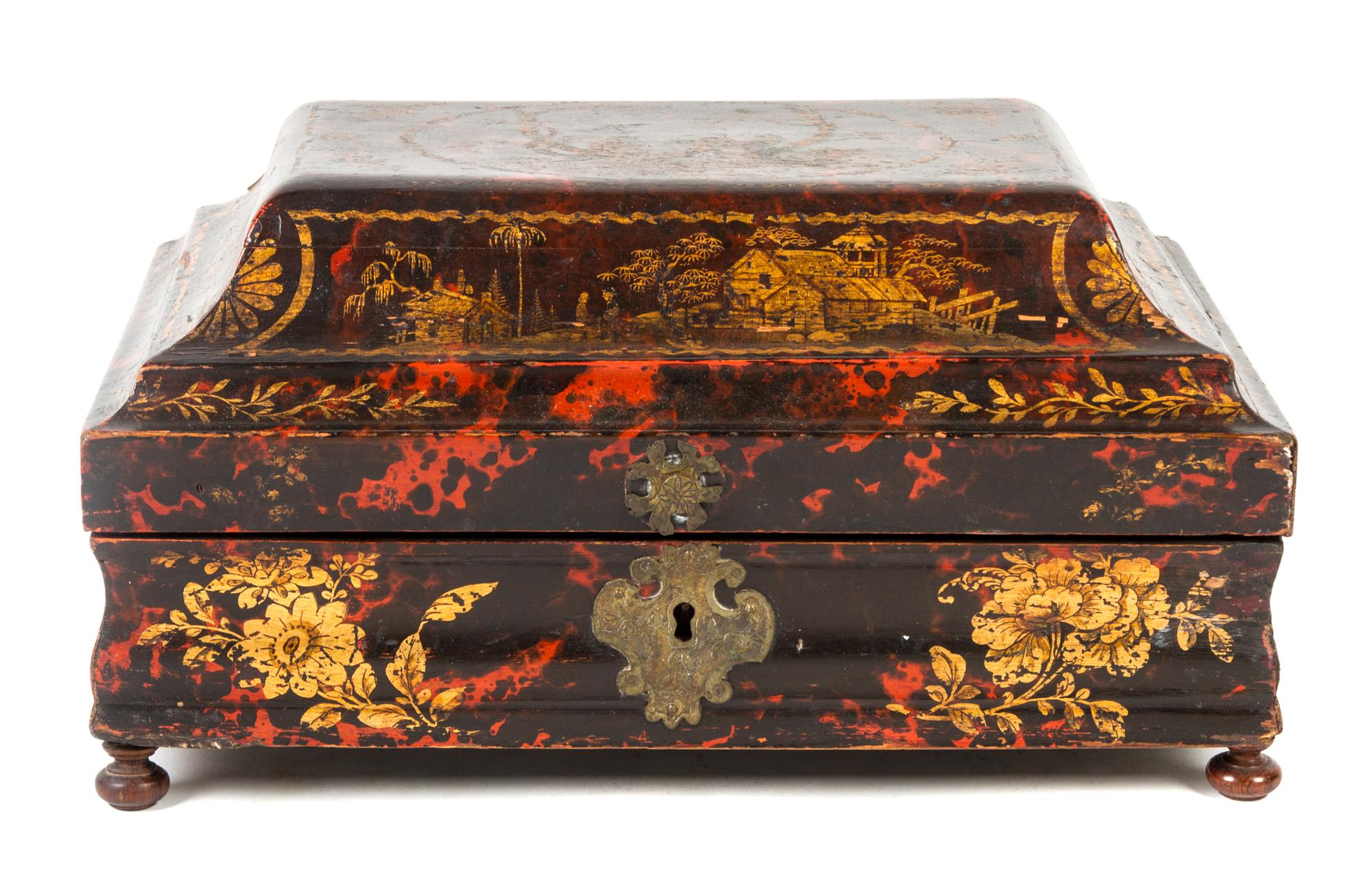 A Chinese Export Simulated Tortoise Shell Casket Height 6 3/4 x width 12 1/4 x depth 9 inches.