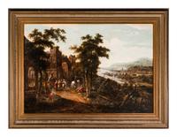 An extensive river landscape, with peasants resting on a path by a ruined building