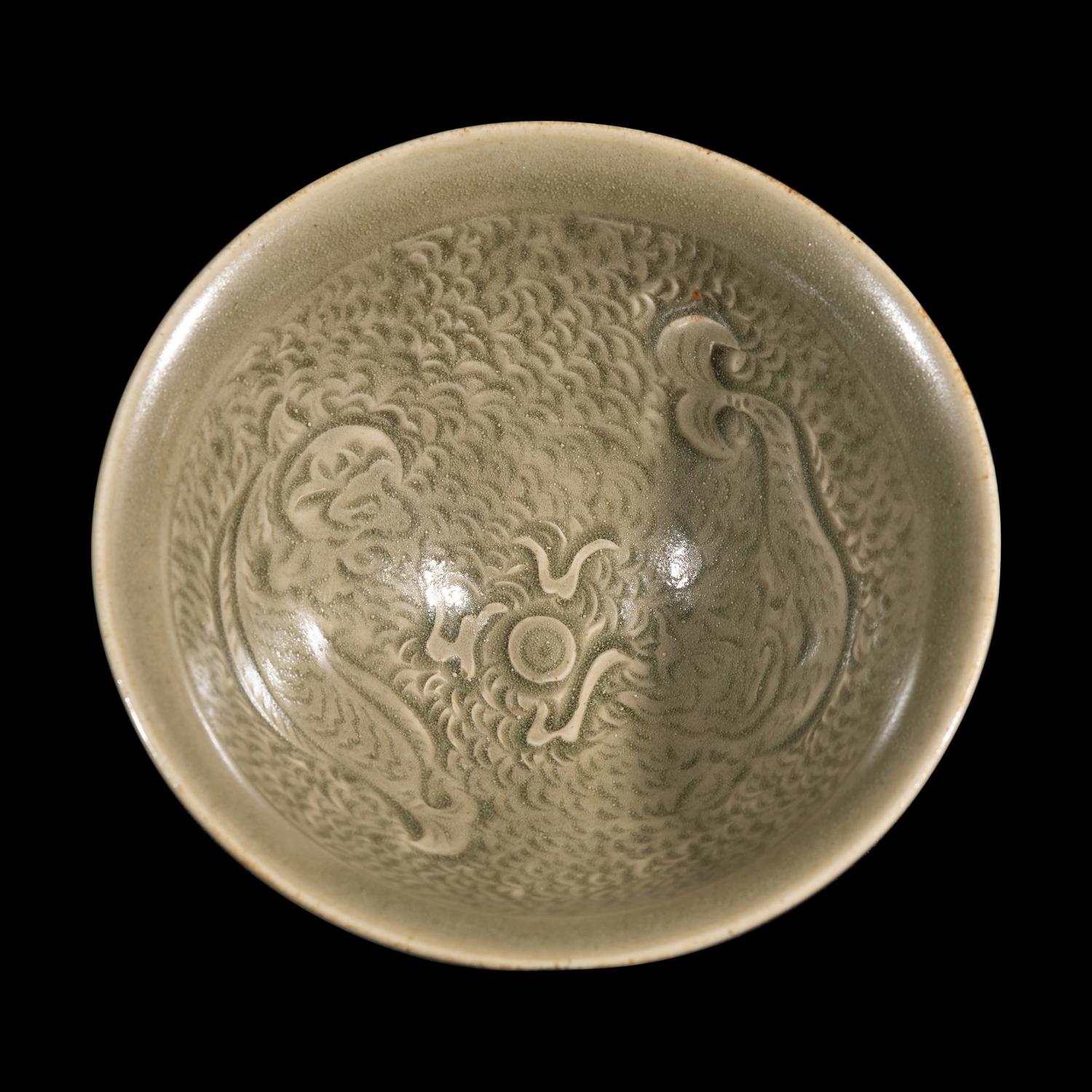 A Small Chinese Yaozhou-Style Celadon Glazed 'Dragon Fish' Bowl, Possibly Northern Song Dynasty 或為北宋 耀州窯模印雙魚碗