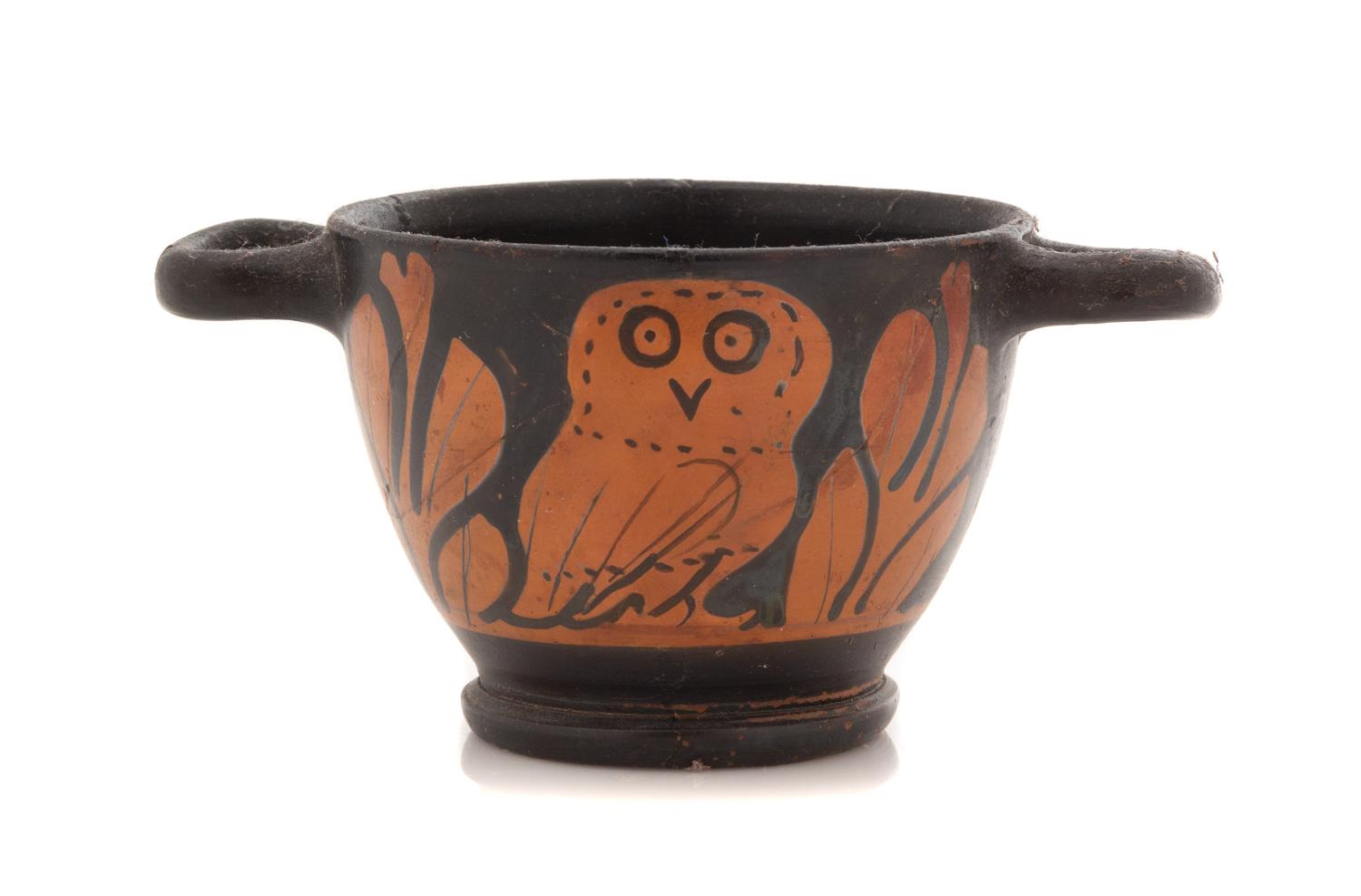 An Apulian Red Figured Owl Skyphos Height 2 7/8 x width 5 7/8 inches. — CIRCA MID-4TH CENTURY B.C.E.