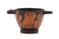 An Apulian Red Figured Owl Skyphos Height 2 7/8 x width 5 7/8 inches. — CIRCA MID-4TH CENTURY B.C.E.