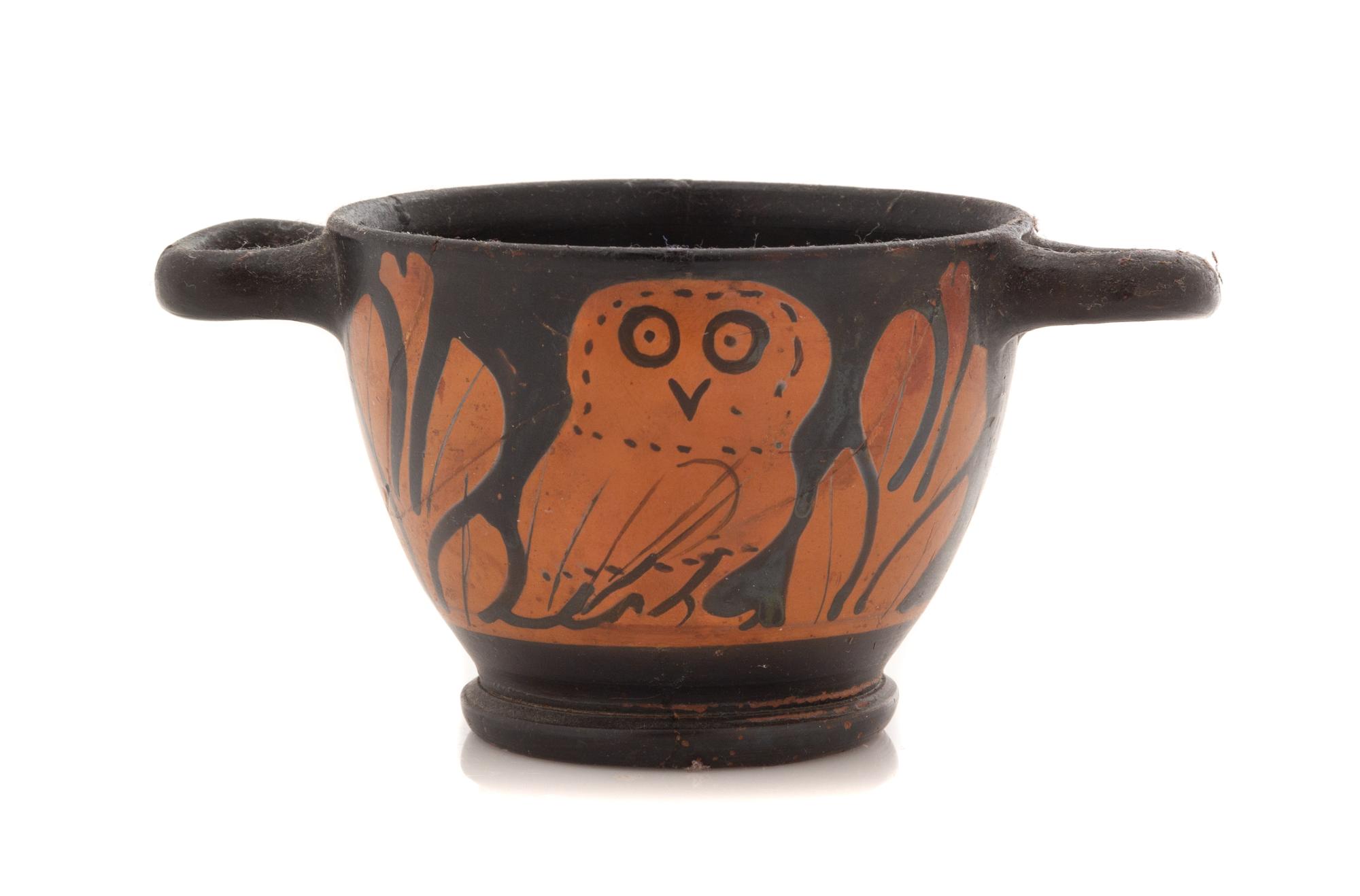 An Apulian Red Figured Owl Skyphos Height 2 7/8 x width 5 7/8 inches. — CIRCA MID-4TH CENTURY B.C.E.