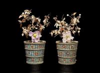 A pair of Chinese hardstone “Flowering Bonsai” in cloisonné jardinieres, 19th to early 20th century 景泰藍花盆寶石盆栽 十九至二十世紀