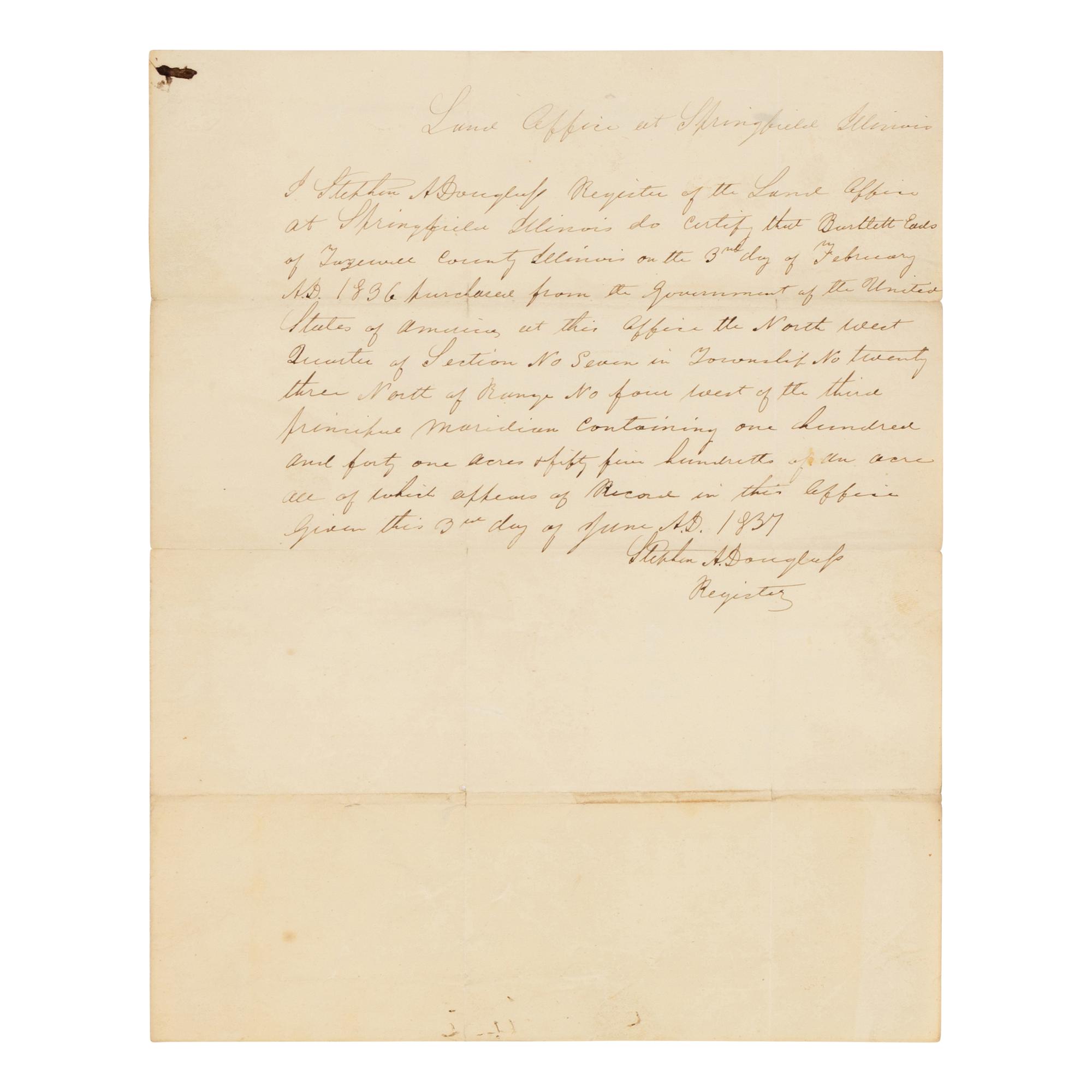 DOUGLAS, Stephen Arnold (1813-1861). A group of 14 documents and letters relating to Douglas's legal and political career, ca 1834-1857, comprising: