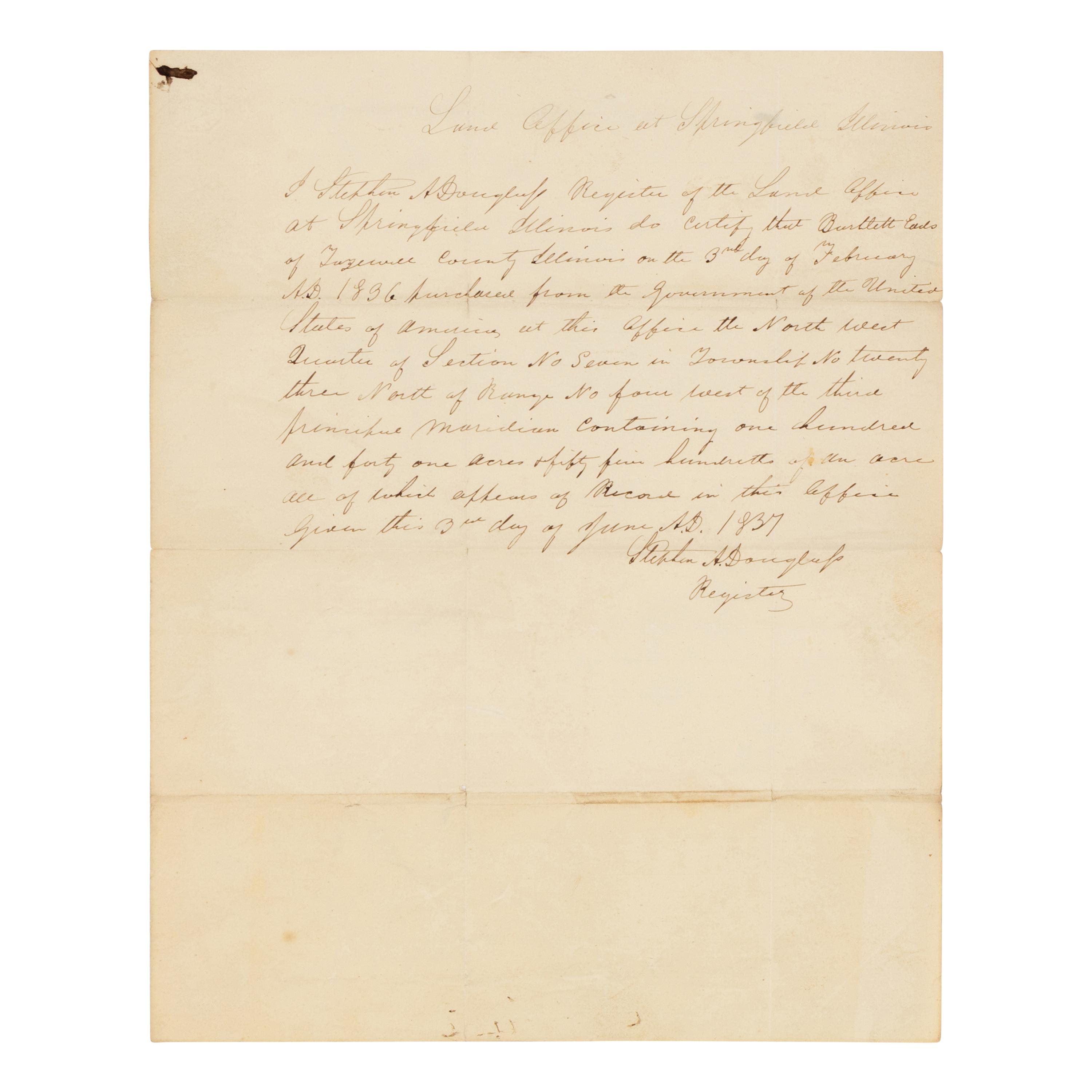 DOUGLAS, Stephen Arnold (1813-1861). A group of 14 documents and letters relating to Douglas's legal and political career, ca 1834-1857, comprising: