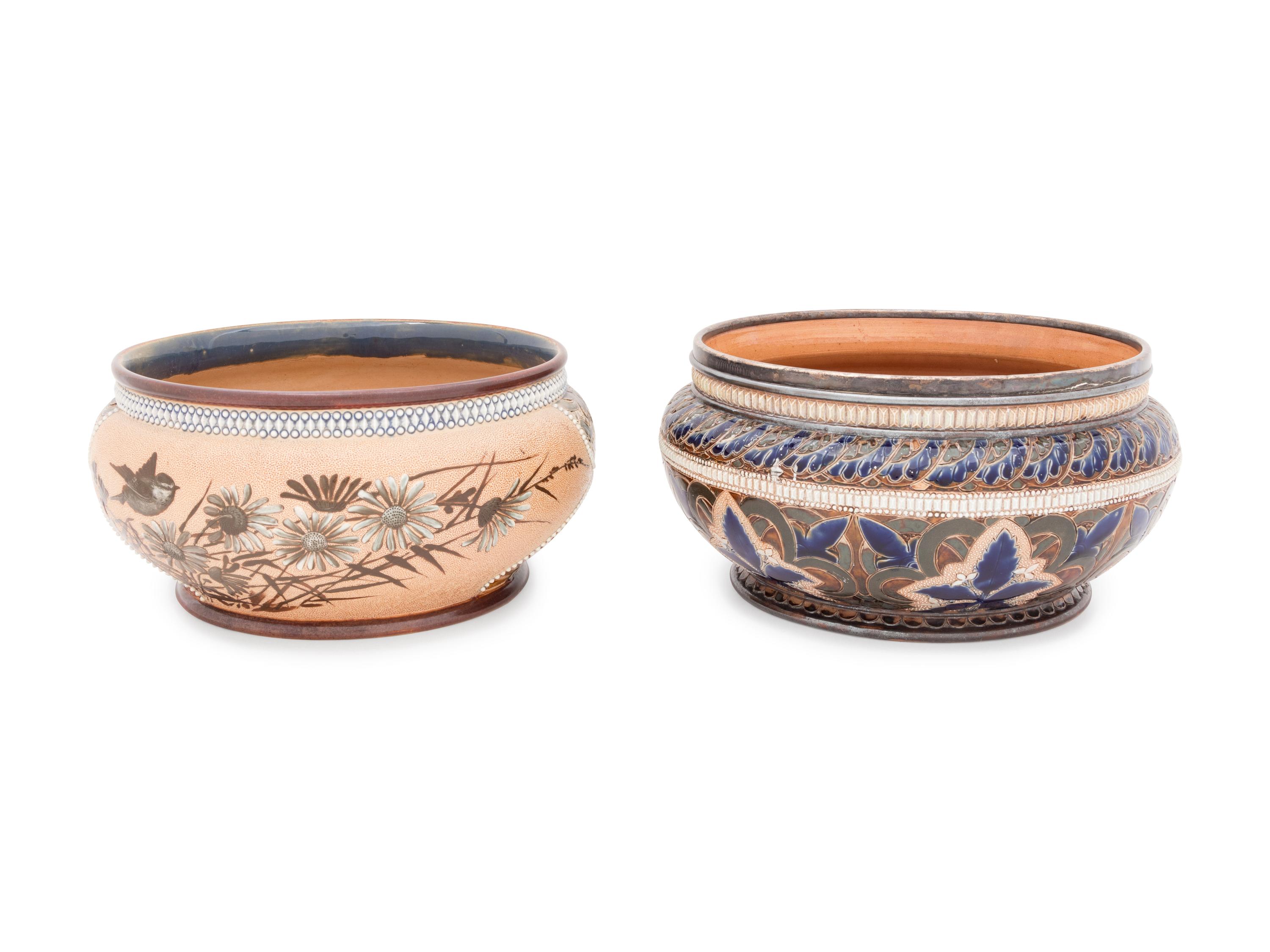 Four Doulton Lambeth Stoneware Serving Bowls and Two Salad Serving Sets