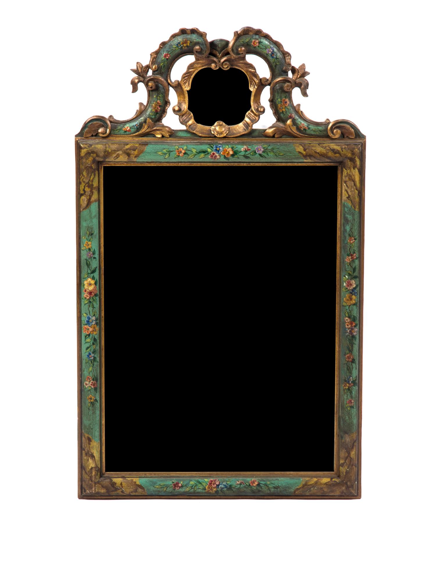 A Venetian Painted and Parcel Gilt Mirror, Height 39 1/2 x width 24 inches.