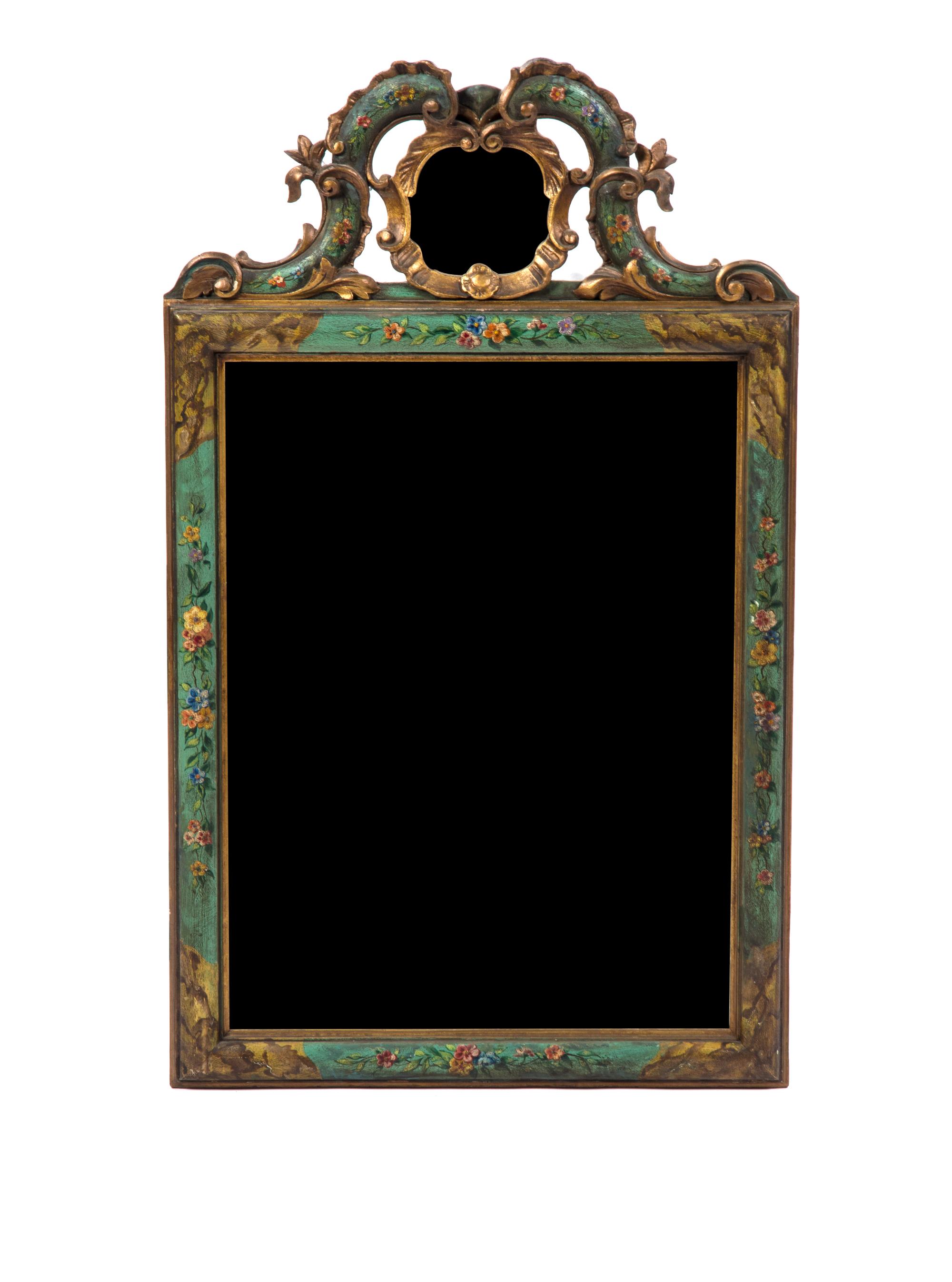 A Venetian Painted and Parcel Gilt Mirror, Height 39 1/2 x width 24 inches.