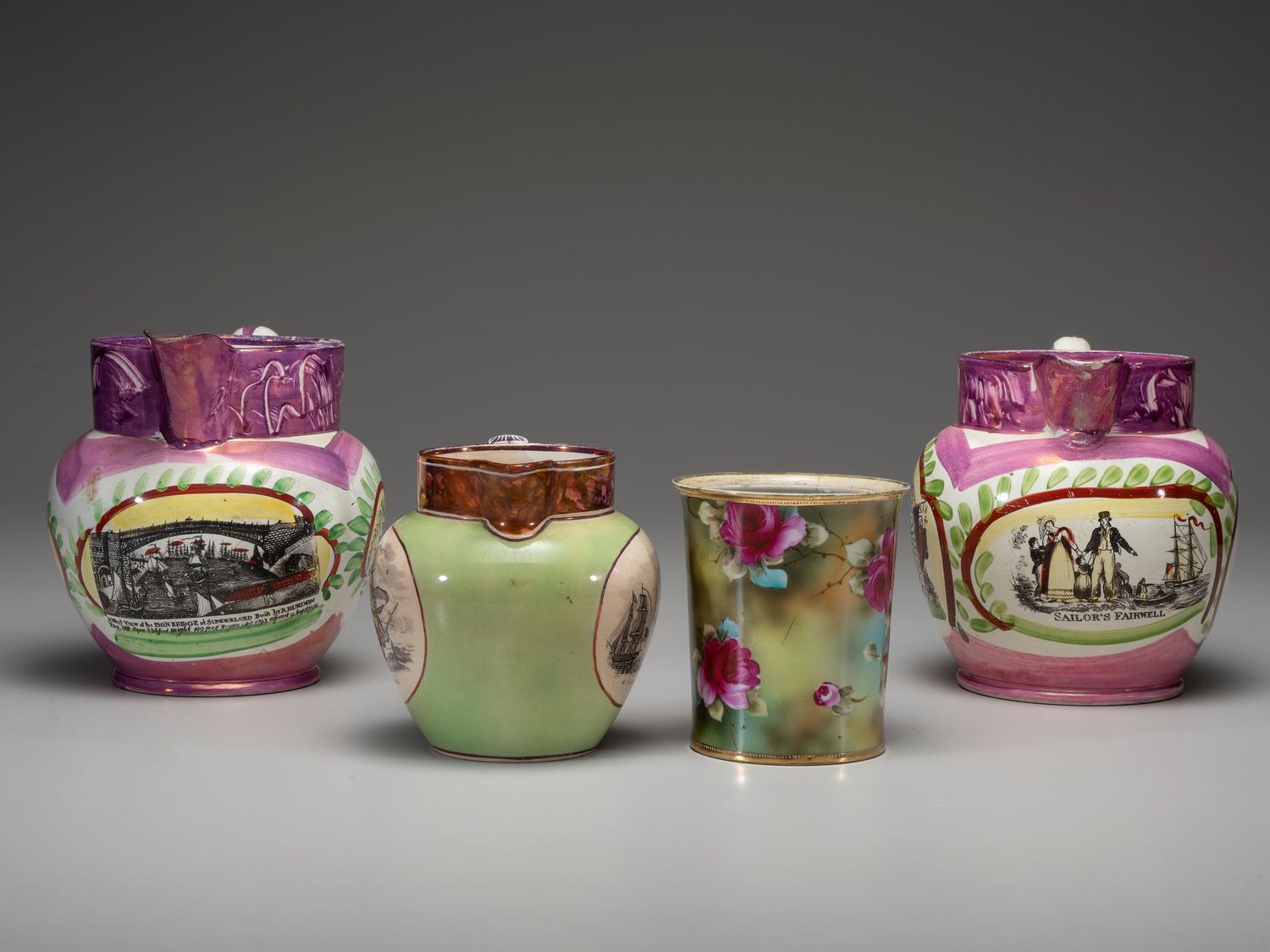 Three English Lustreware Glazed Pitchers