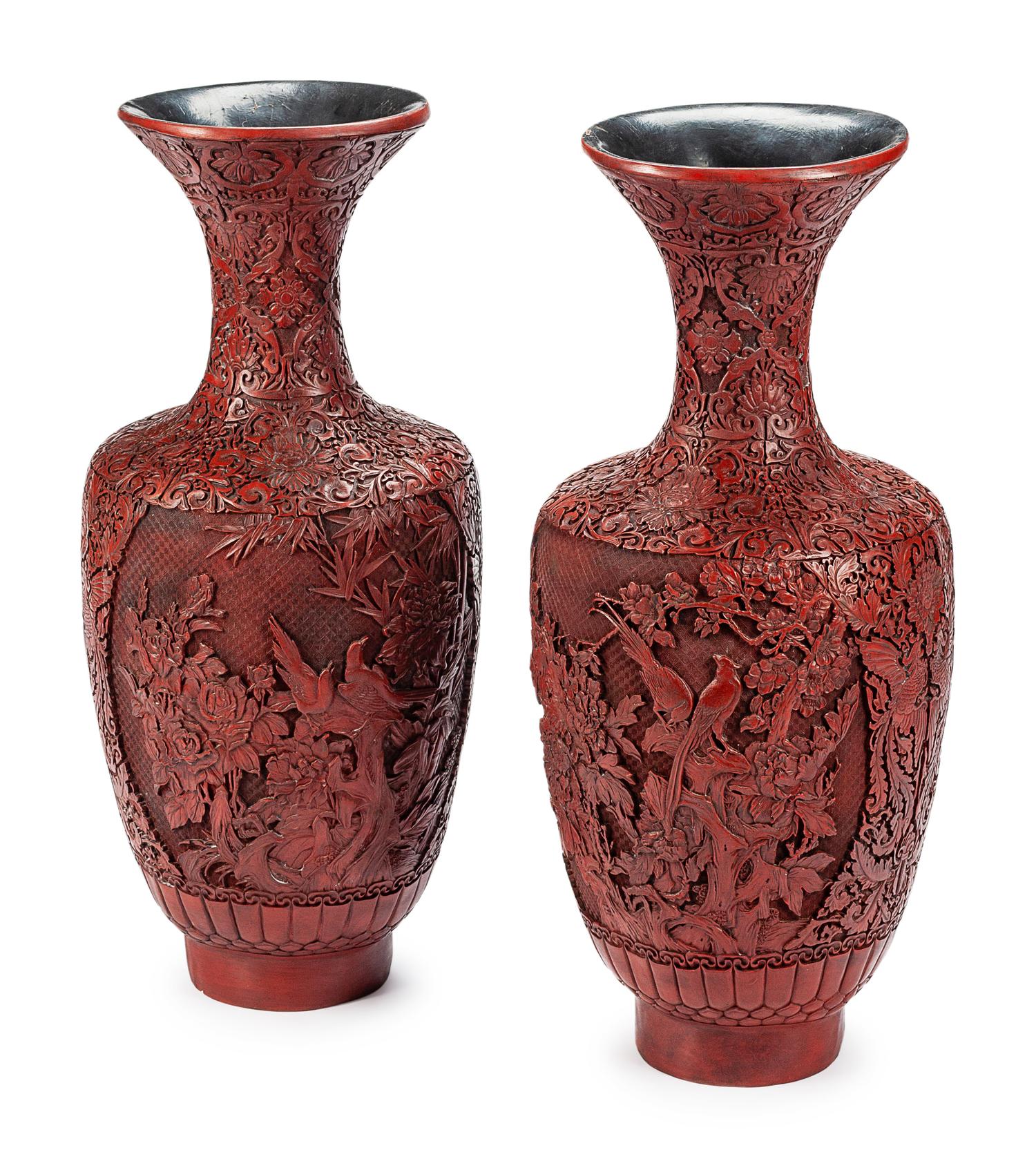 A Pair of Monumental Chinese Cinnabar Urns