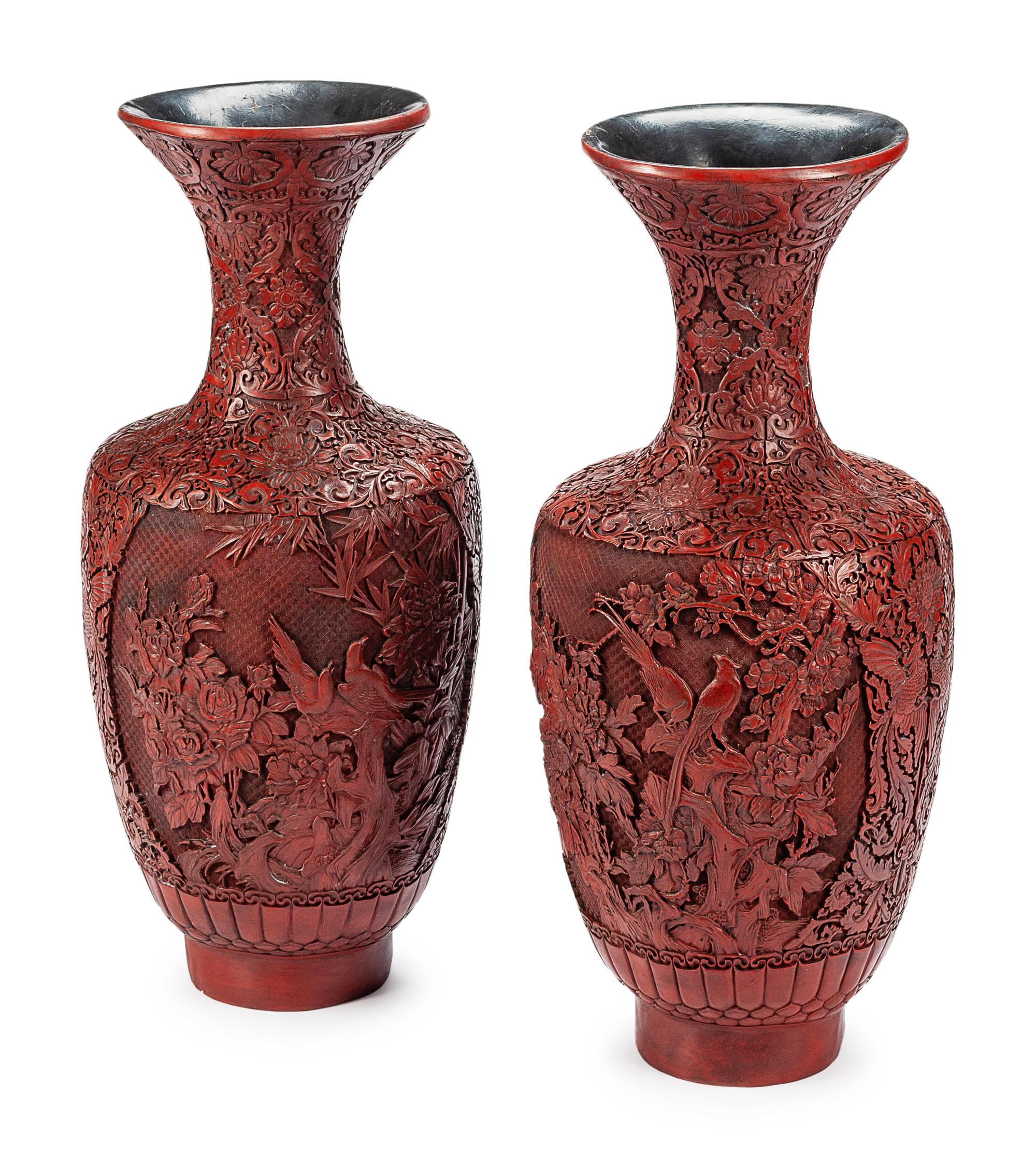 A Pair of Monumental Chinese Cinnabar Urns
